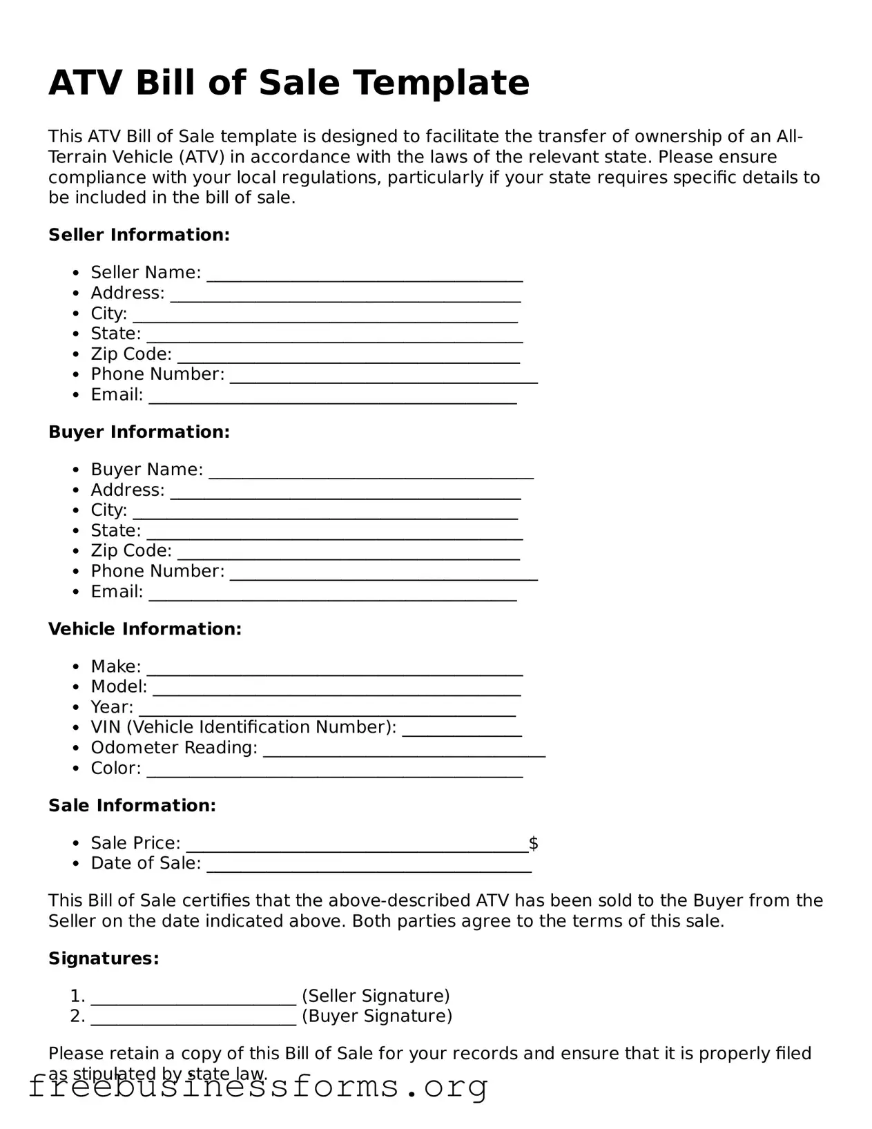 Official ATV Bill of Sale Form