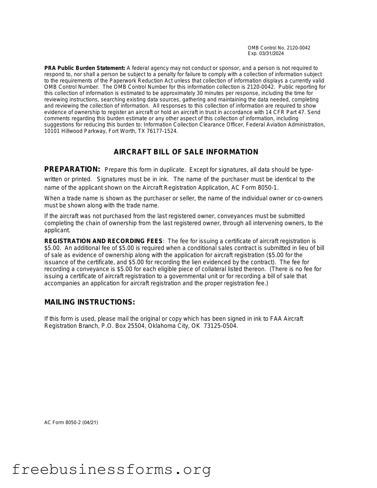 Official Aircraft Bill of Sale AC 8050-2 Form in PDF