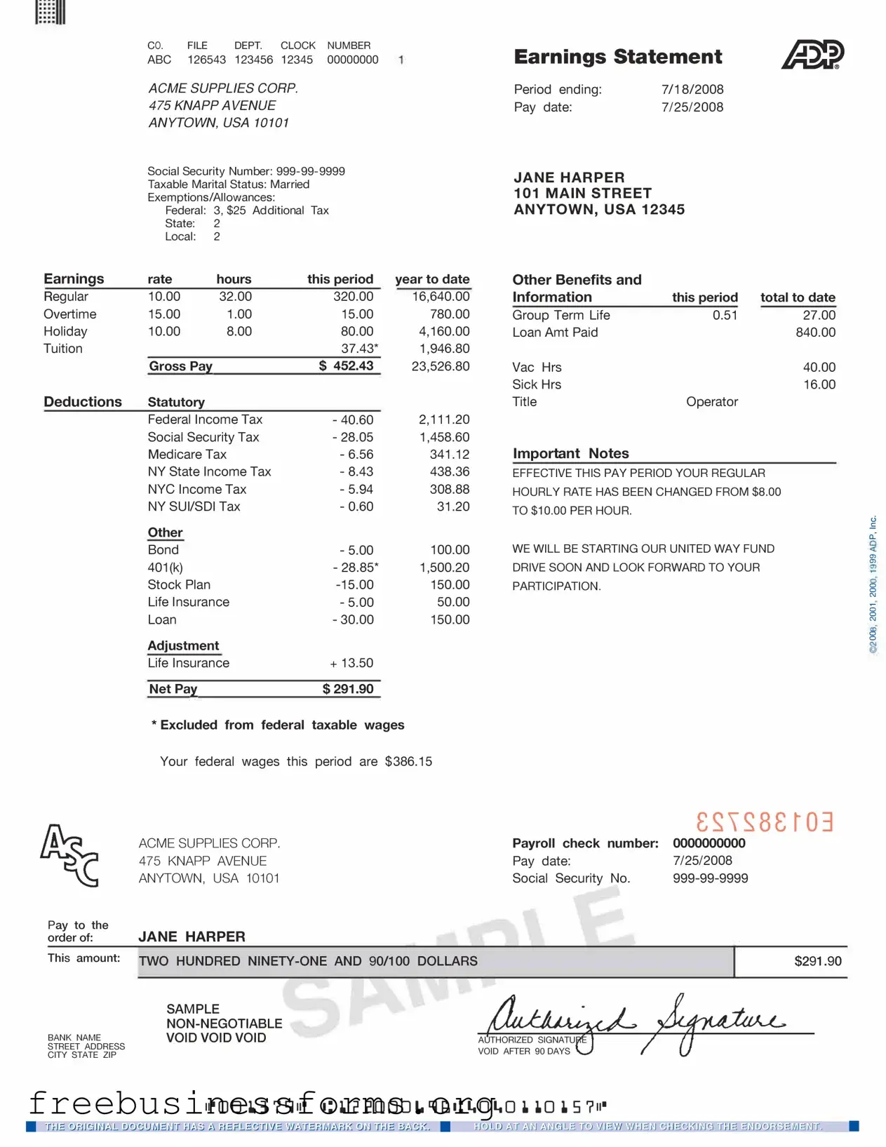 Official Adp Pay Stub Form in PDF