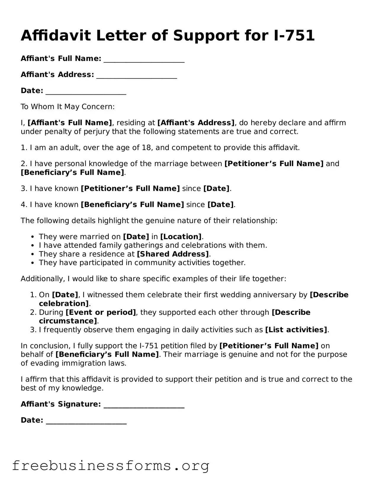 Official Affidavit Letter of Support for I-751 Form