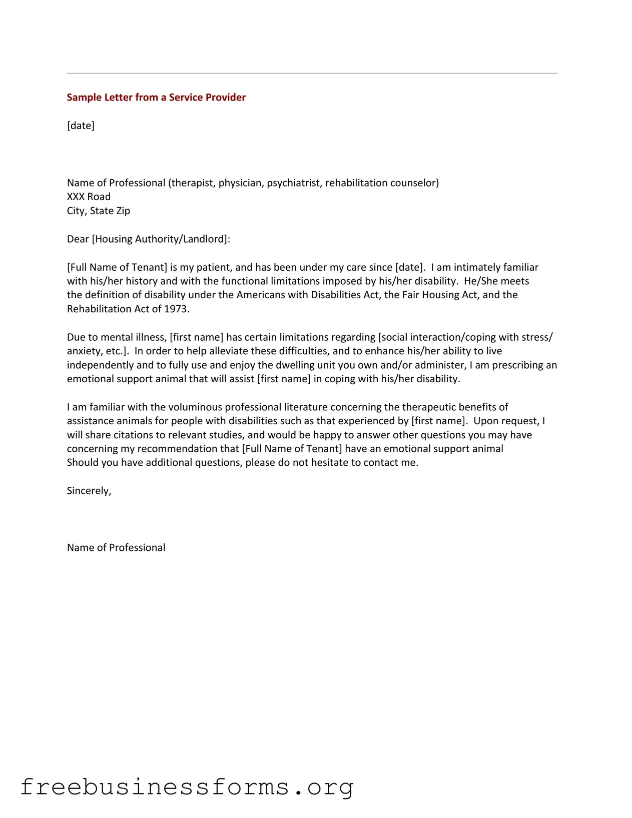 Official Emotional Support Animal Letter Form in PDF