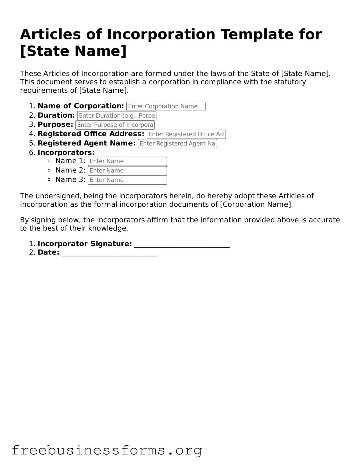 Official Articles of Incorporation Form
