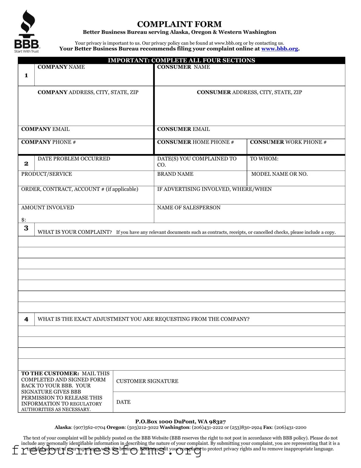 Official Bbb Complaint Form in PDF