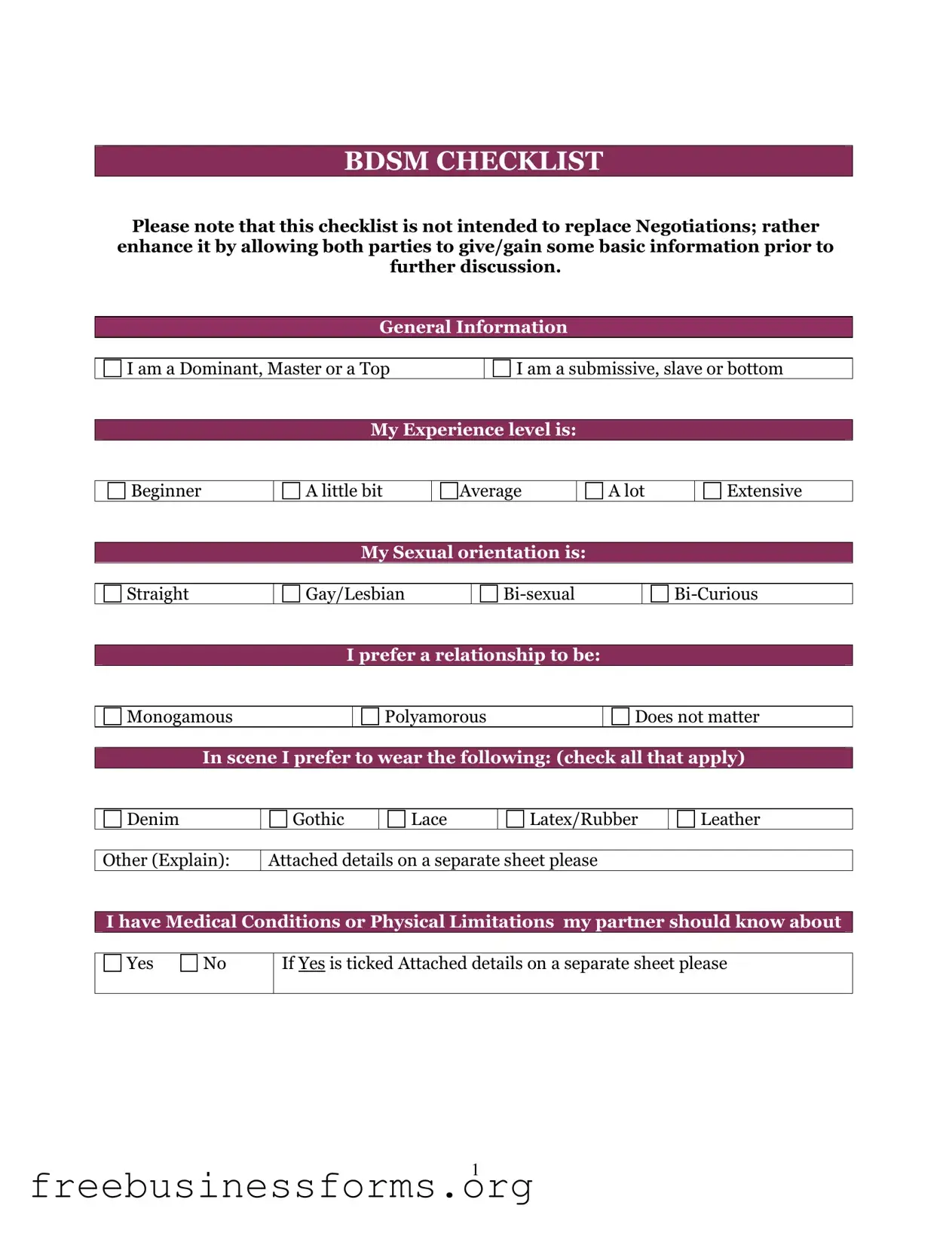 Official Bdsm Checklist Form in PDF