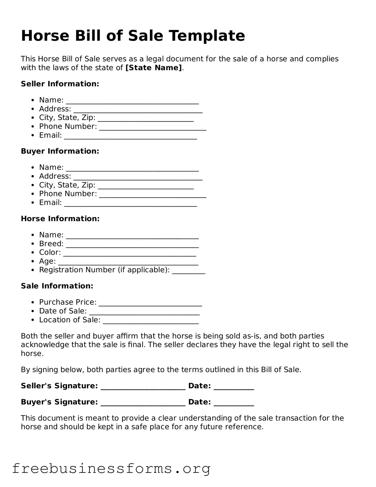 Official Horse Bill of Sale Form