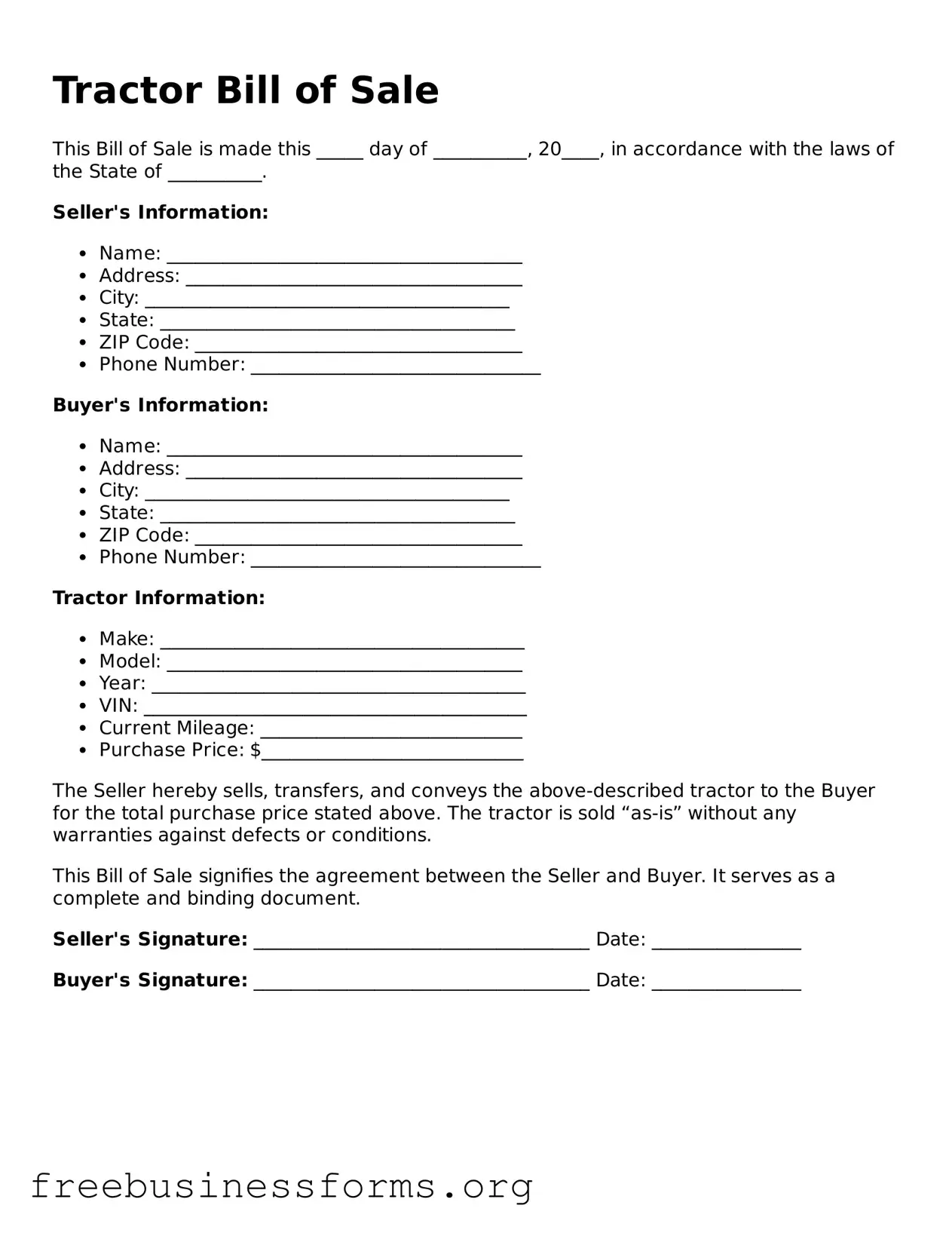 Official Tractor Bill of Sale Form