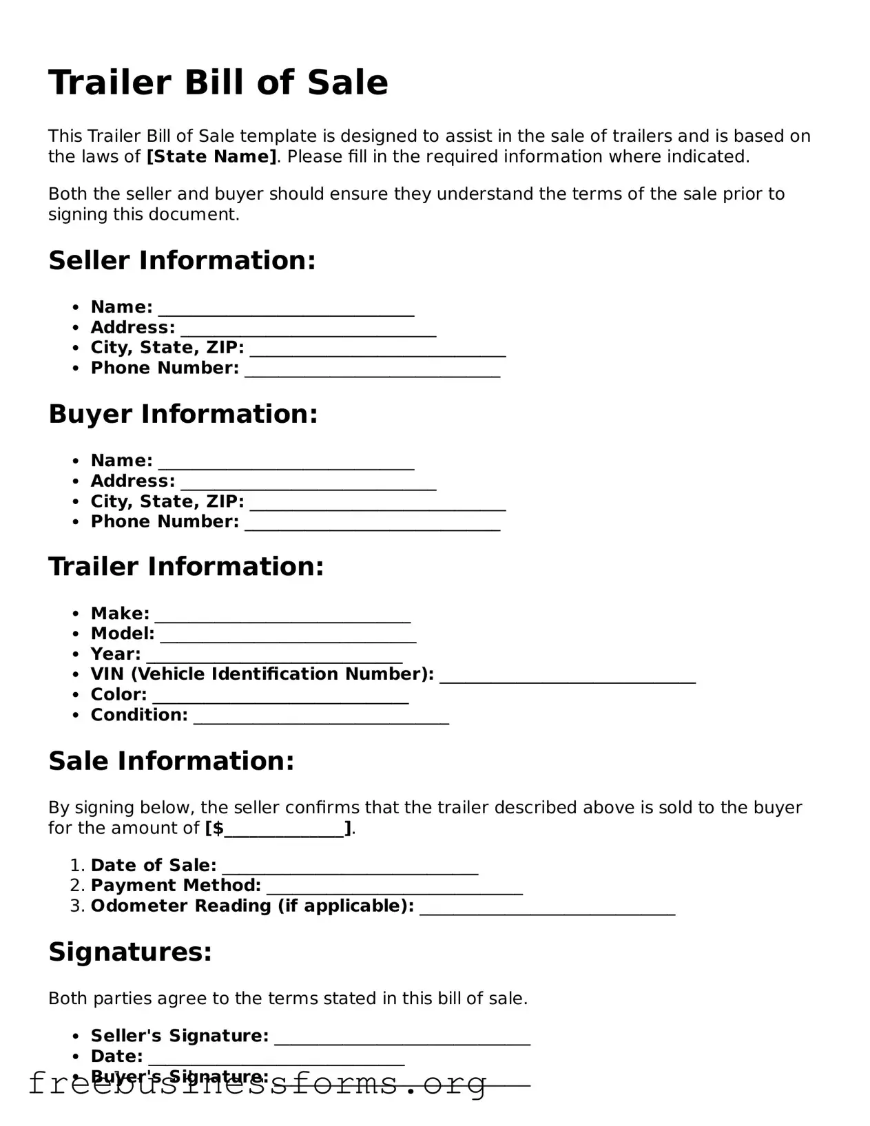 Official Trailer Bill of Sale Form