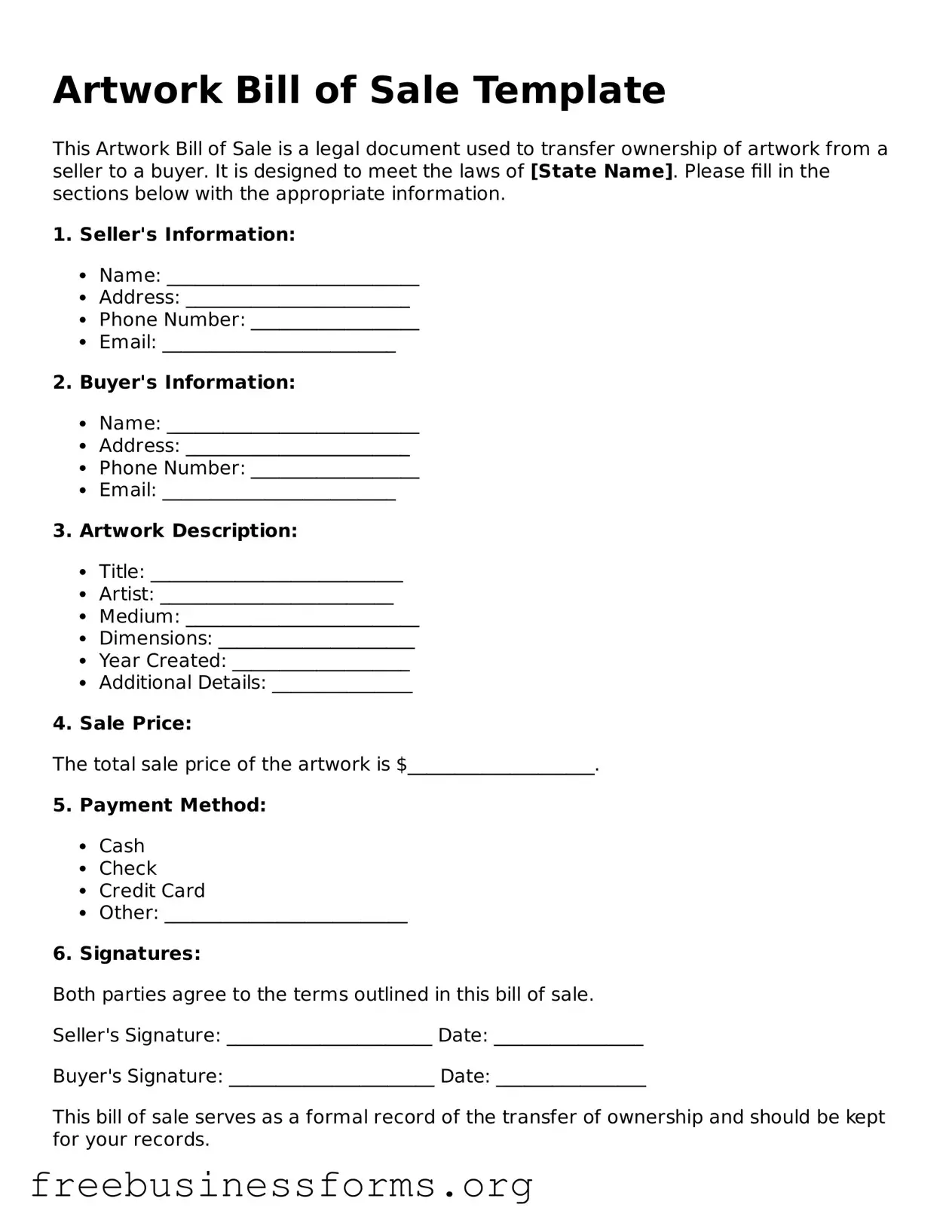 Official Artwork Bill of Sale Form