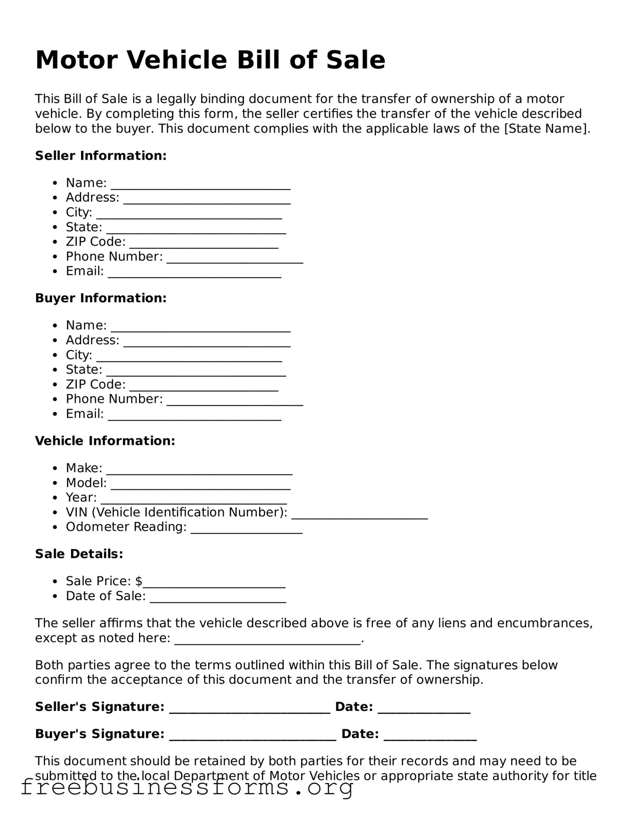 Official Motor Vehicle Bill of Sale Form