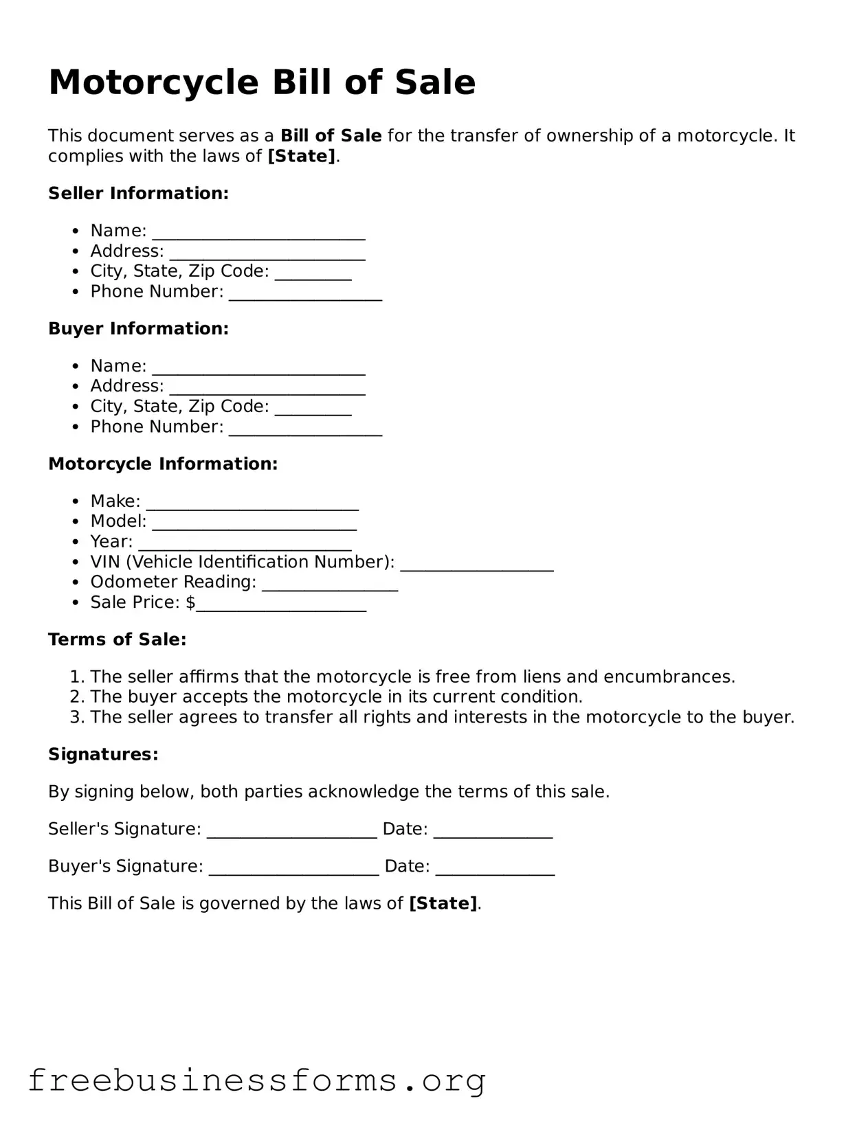 Official Motorcycle Bill of Sale Form