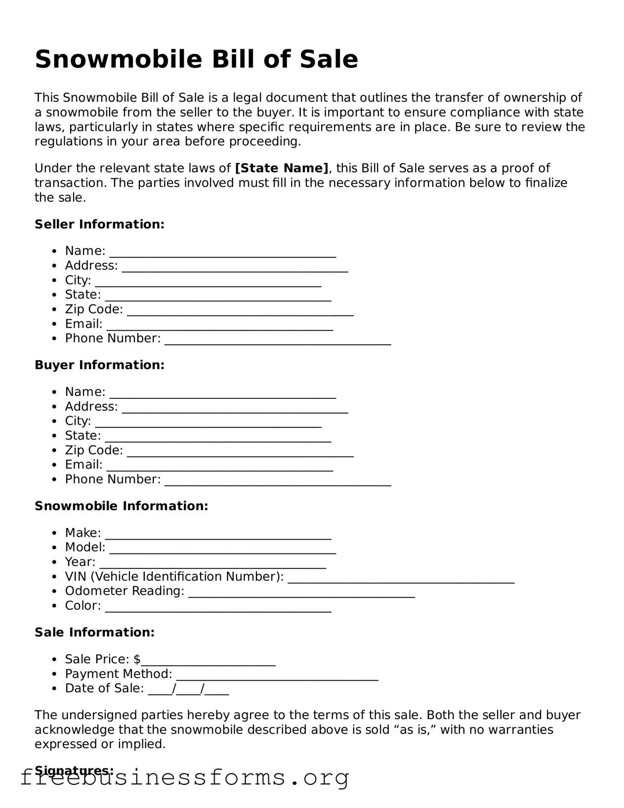 Official Snowmobile Bill of Sale Form