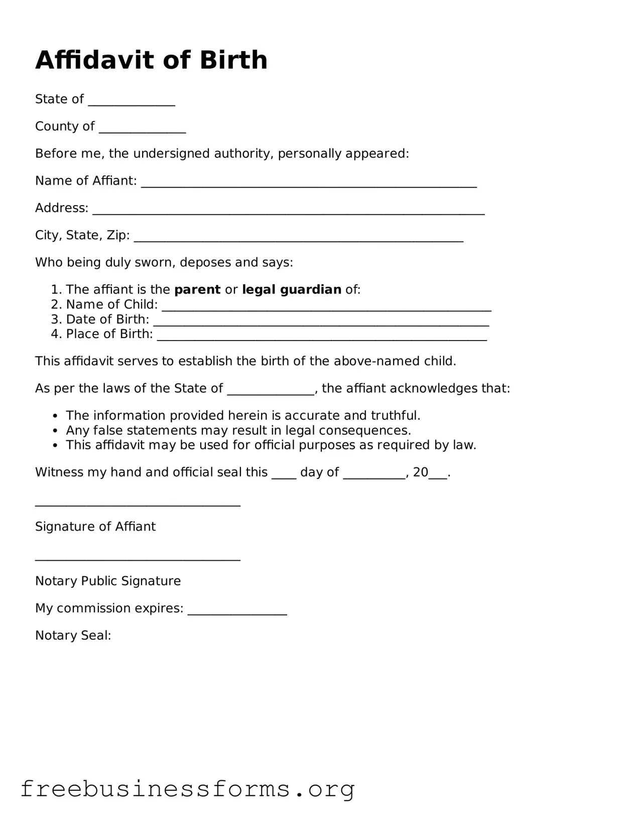 Official Affidavit of Birth Form