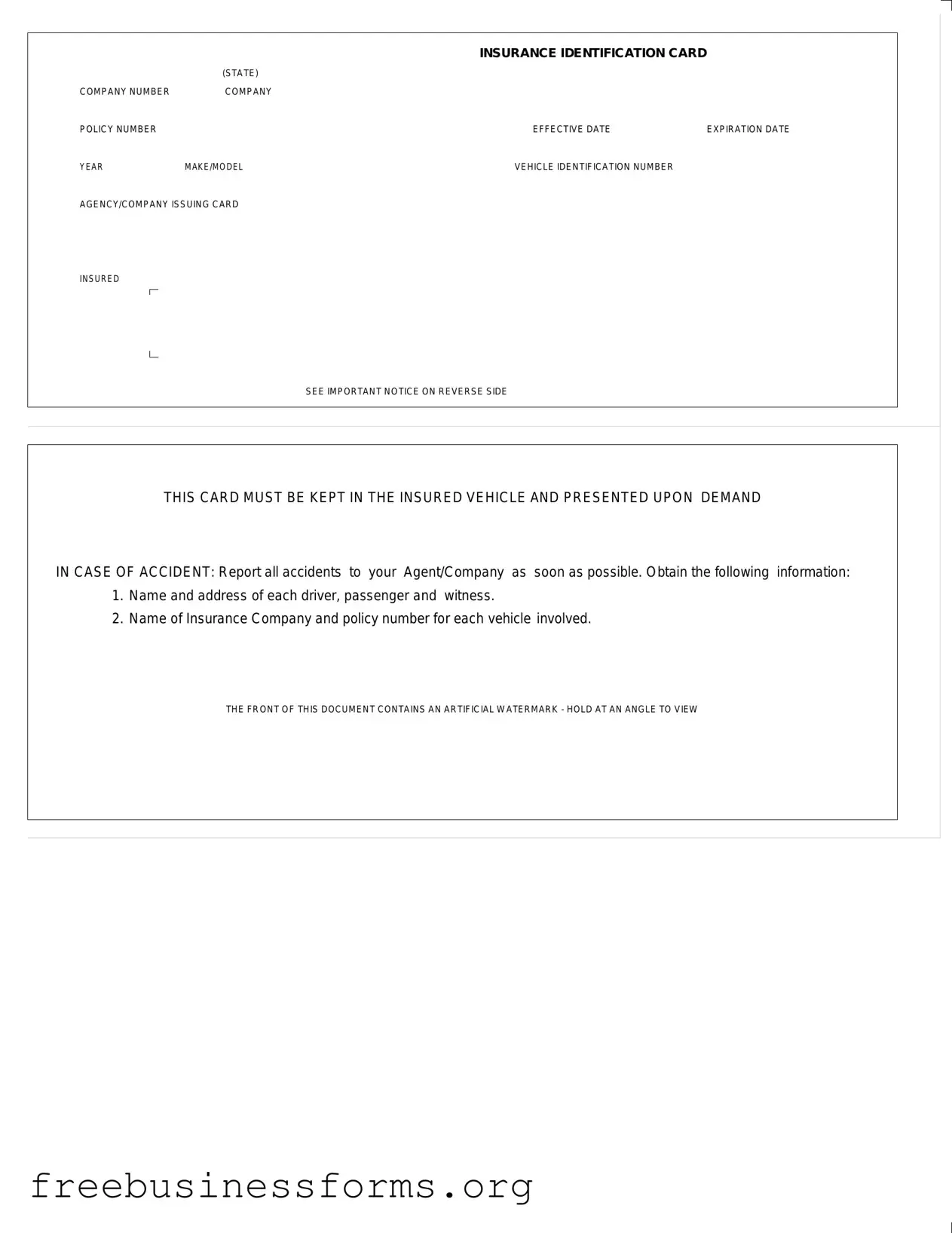 Official Auto Insurance Card Form in PDF