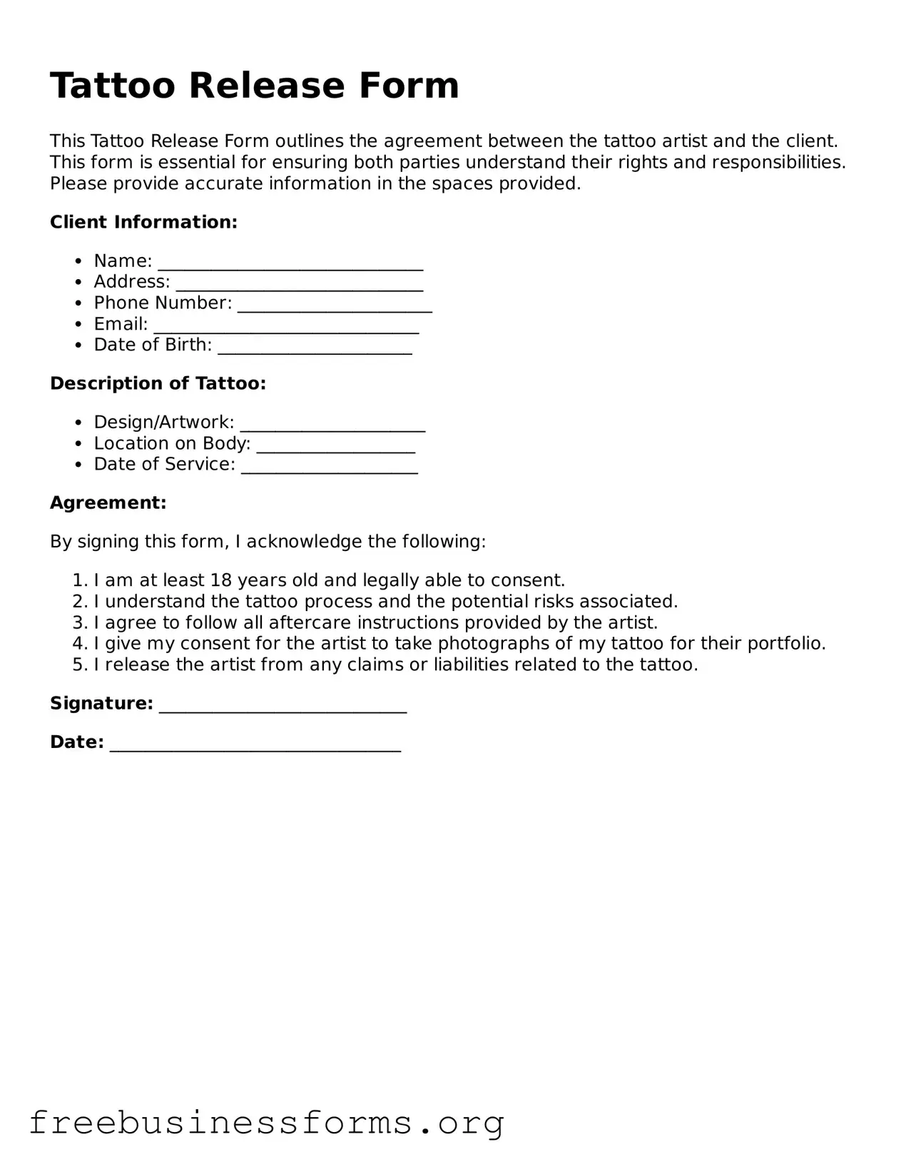 Official Tattoo Release Form