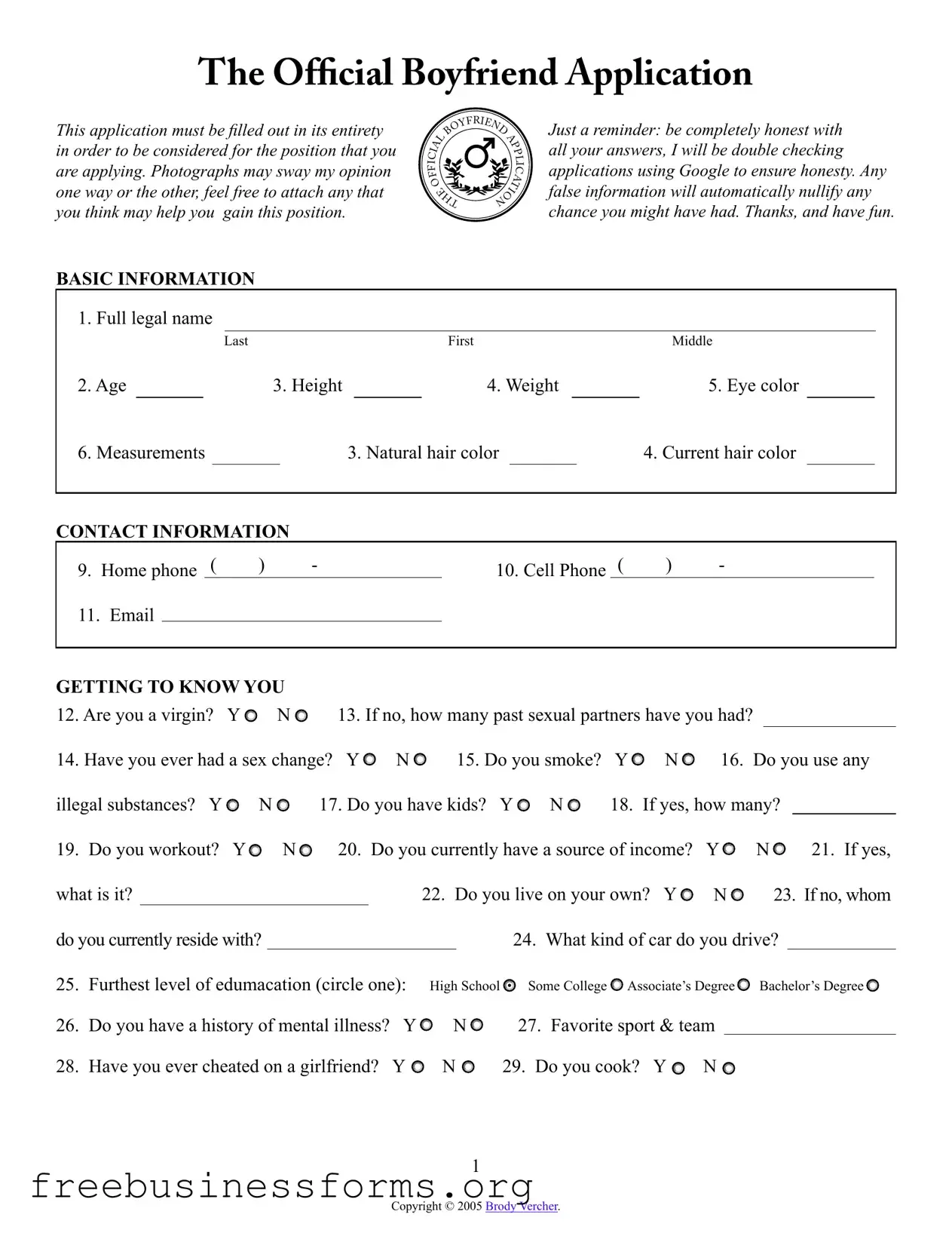 Official Boyfriend application form Form in PDF