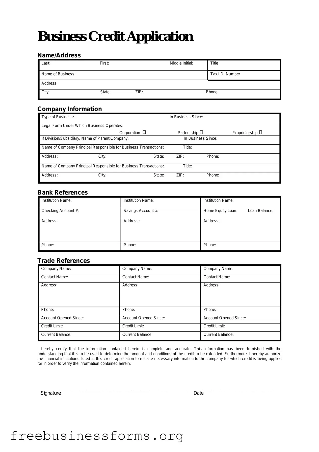 Official Business Credit Application Form in PDF