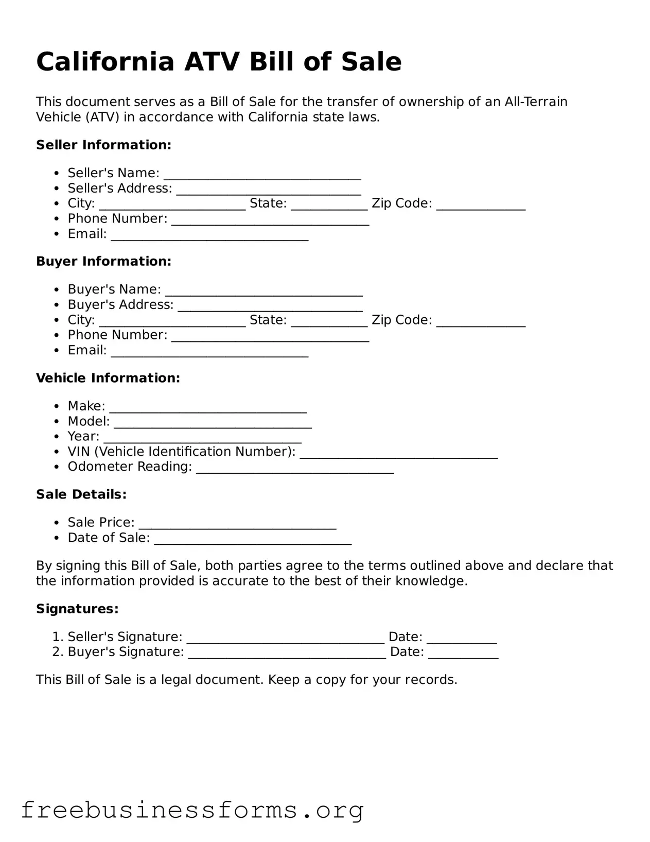 Blank  ATV Bill of Sale Template for California