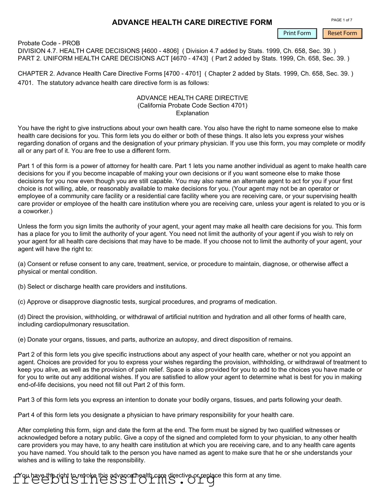 Official California Advanced Health Care Directive Form in PDF