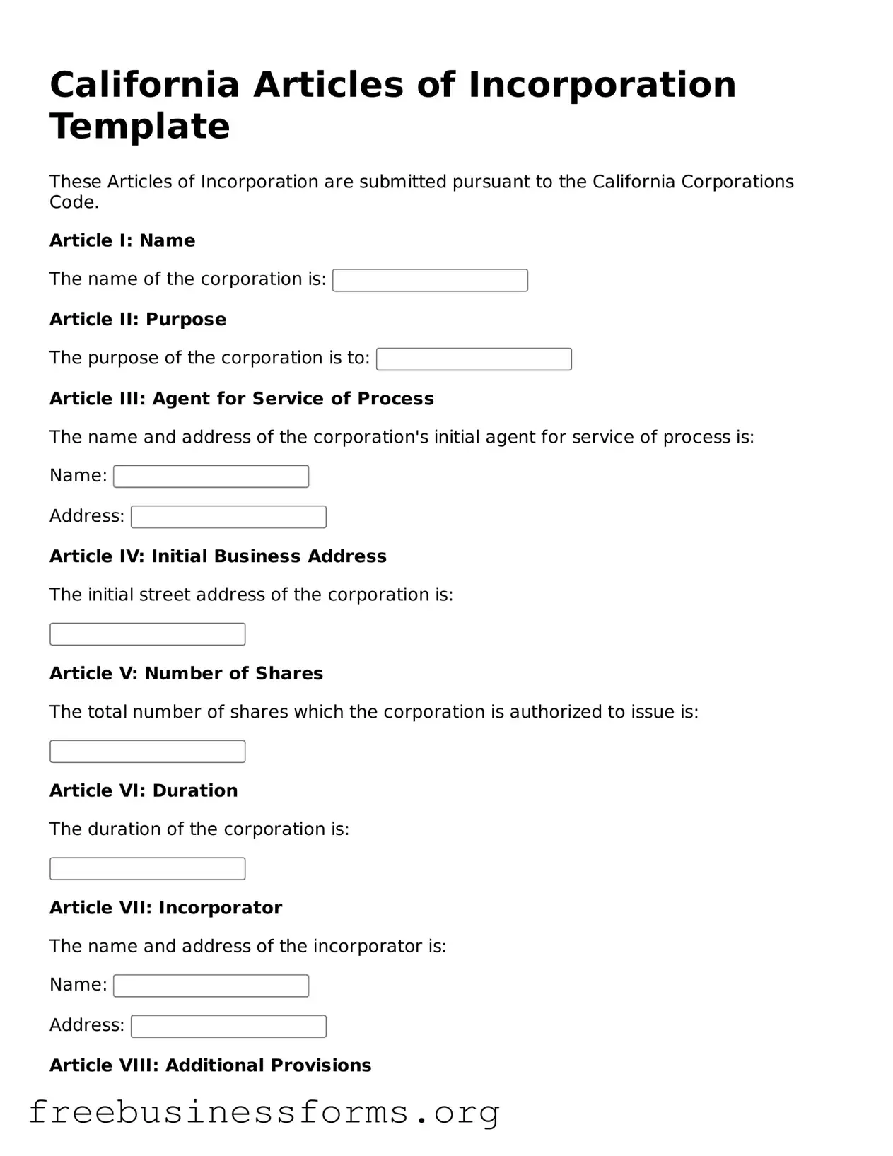 Blank Articles of Incorporation Template for California