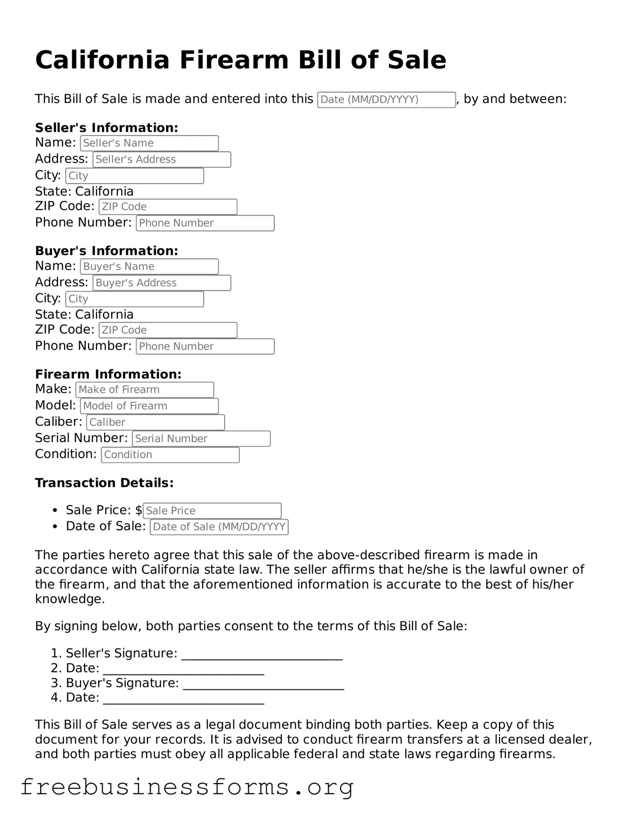 Blank Firearm Bill of Sale Template for California