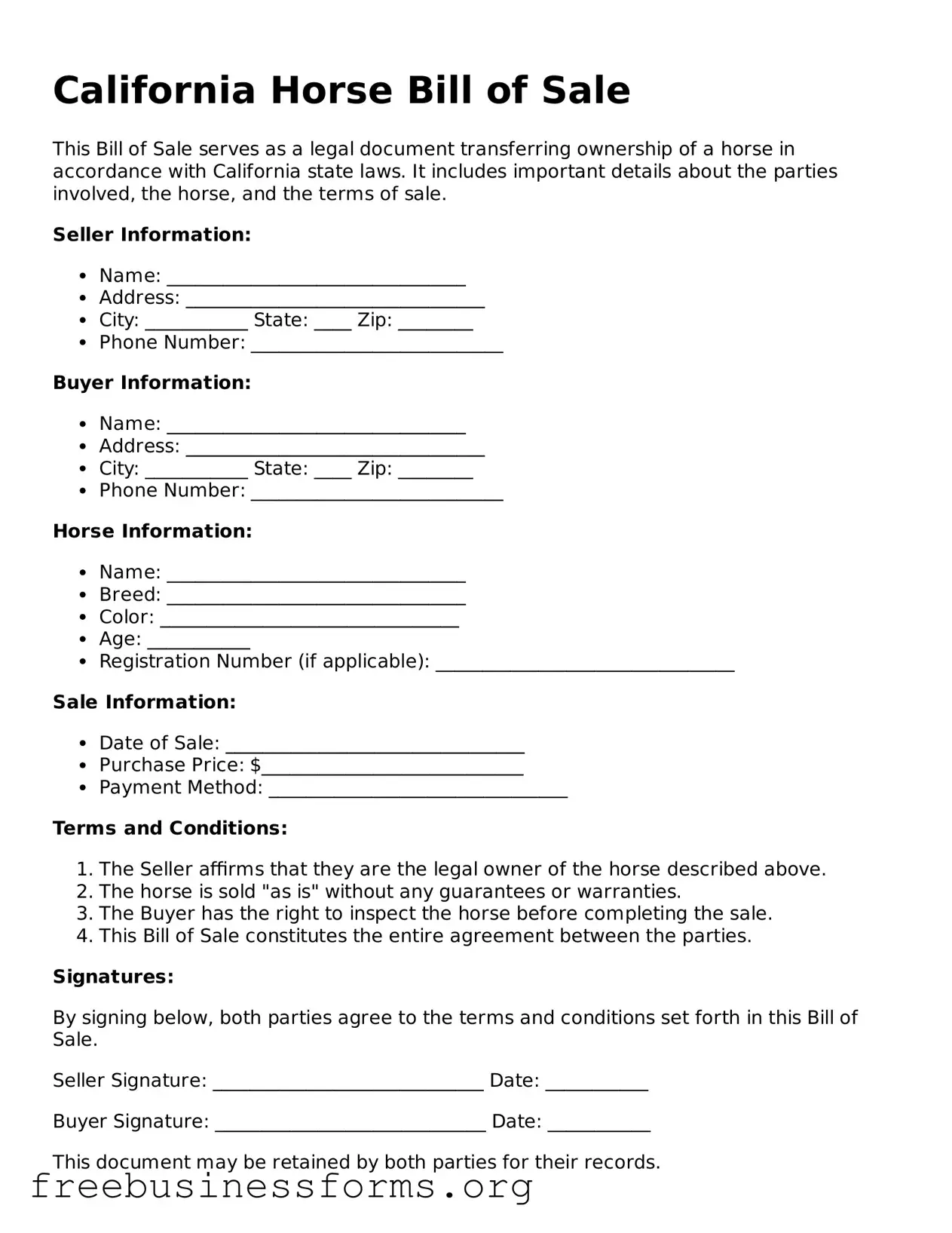 Blank  Horse Bill of Sale Template for California