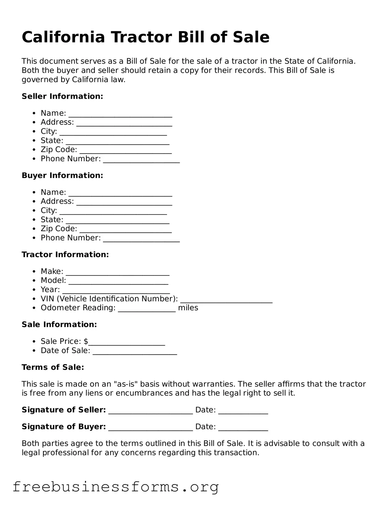 Blank  Tractor Bill of Sale Template for California