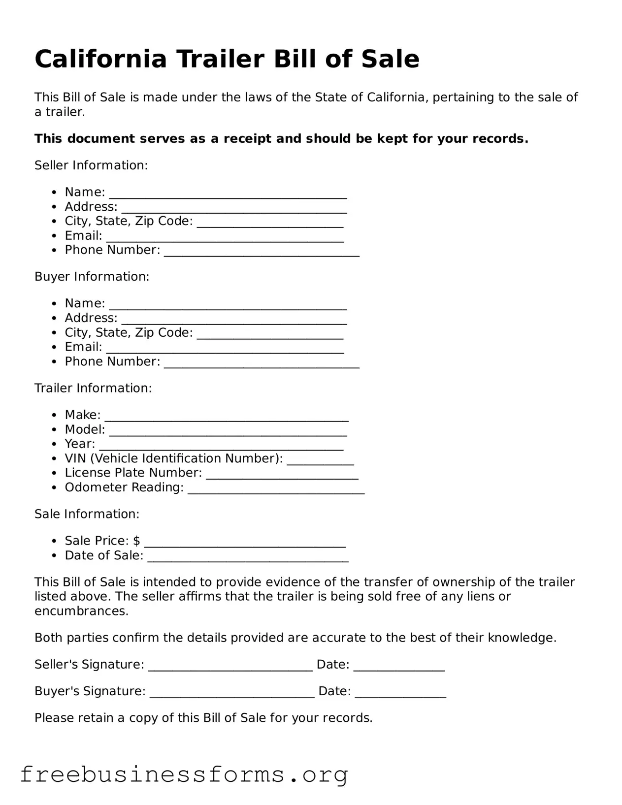 Blank  Trailer Bill of Sale Template for California