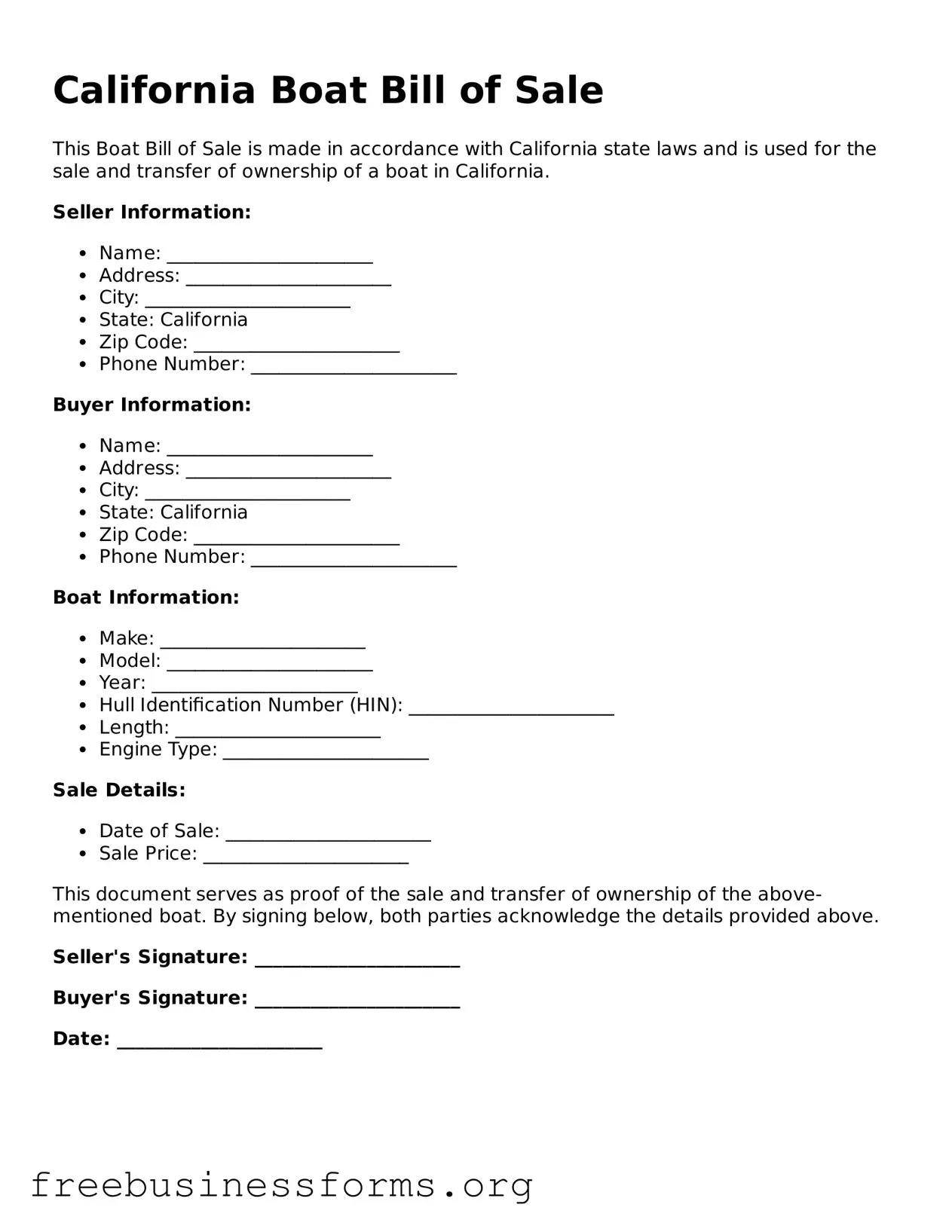 Blank  Boat Bill of Sale Template for California