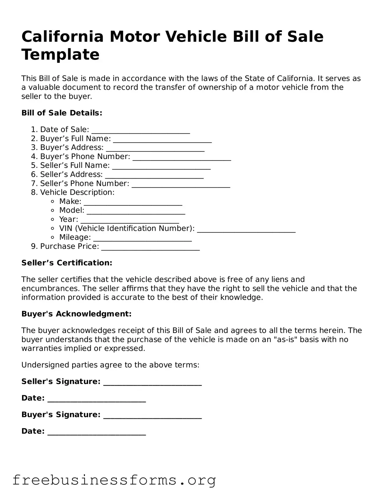 Blank  Motor Vehicle Bill of Sale Template for California