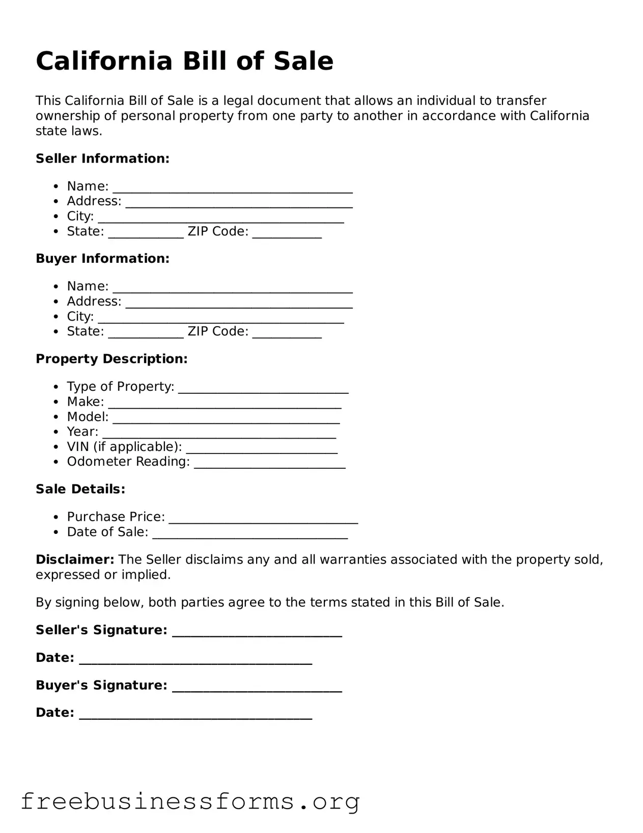 Blank  Bill of Sale Template for California