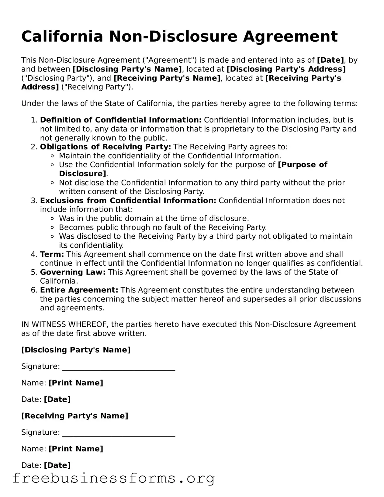 Blank  Non-disclosure Agreement Template for California