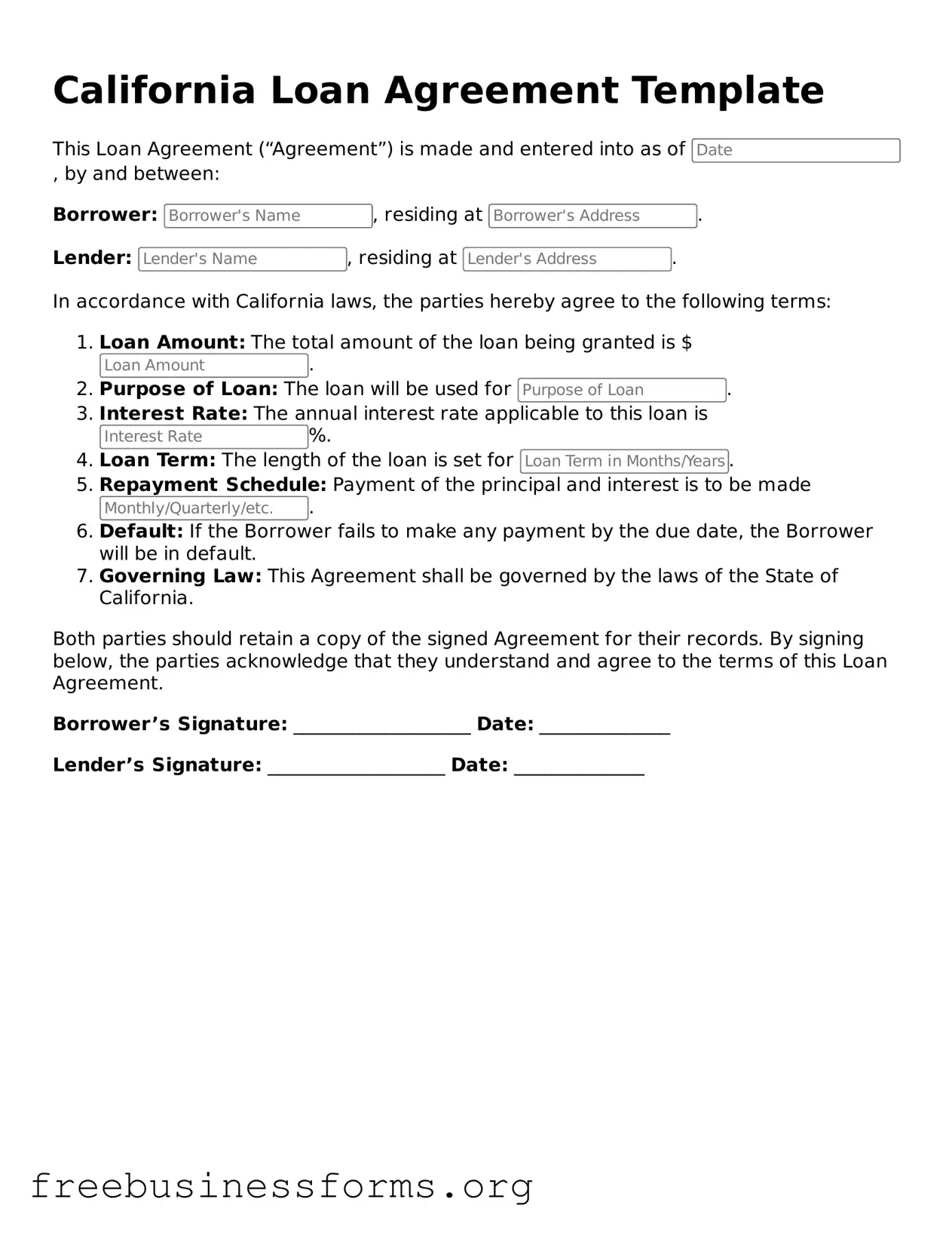 Blank  Loan Agreement Template for California