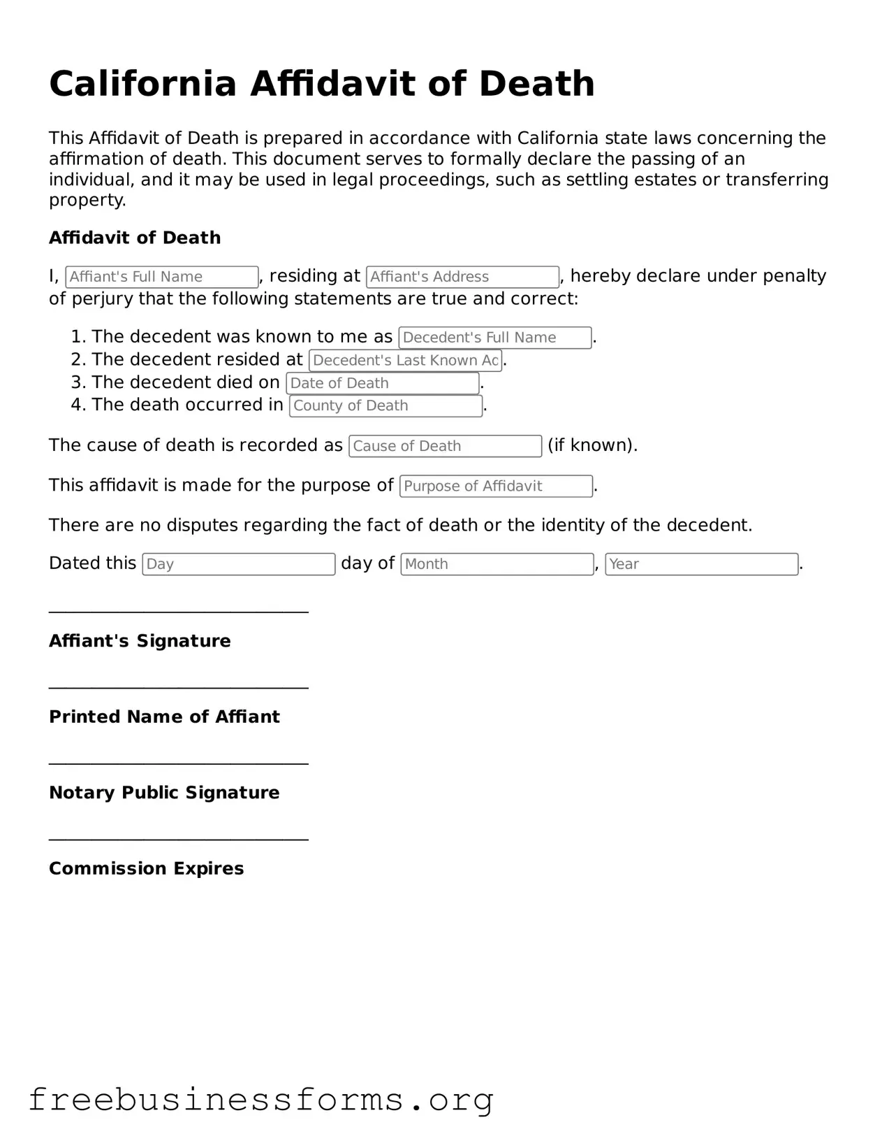 Blank Affidavit of Death Template for California