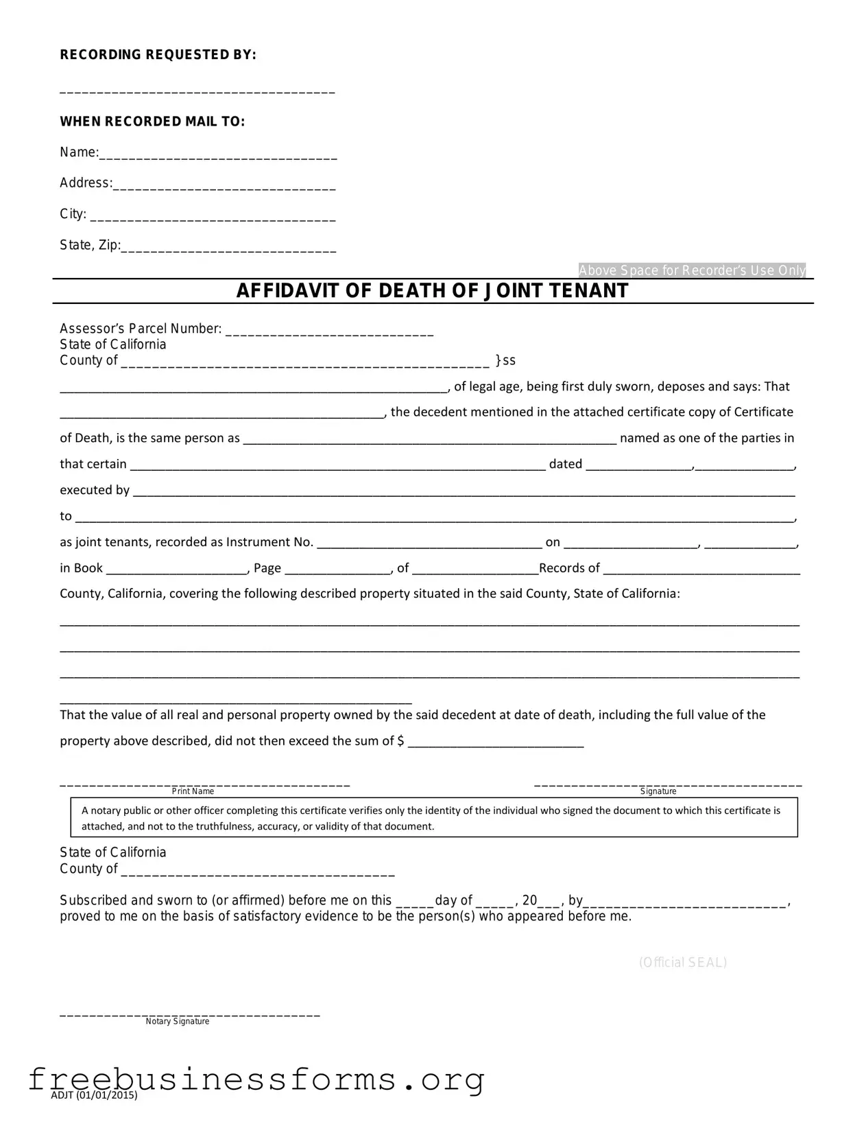 Official California Death of a Joint Tenant Affidavit Form in PDF