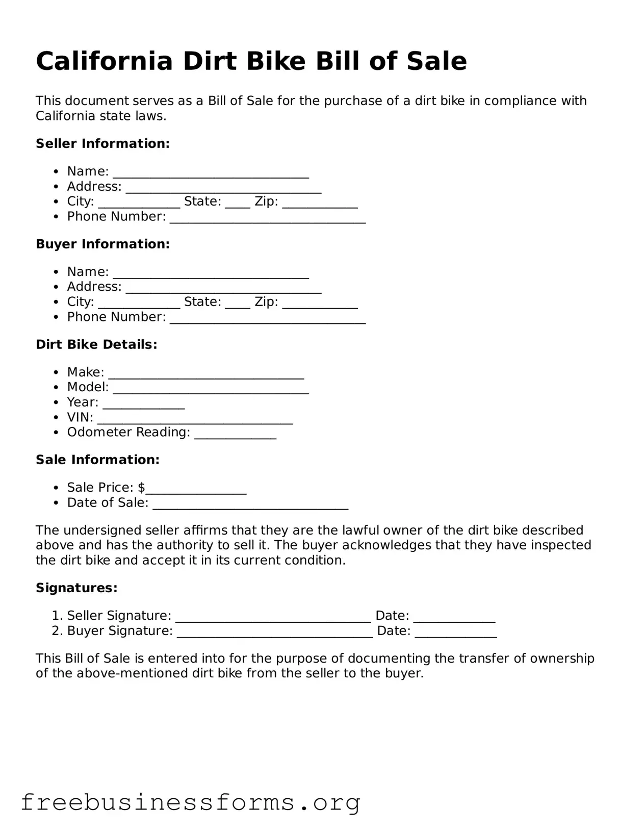 Blank Dirt Bike Bill of Sale Template for California