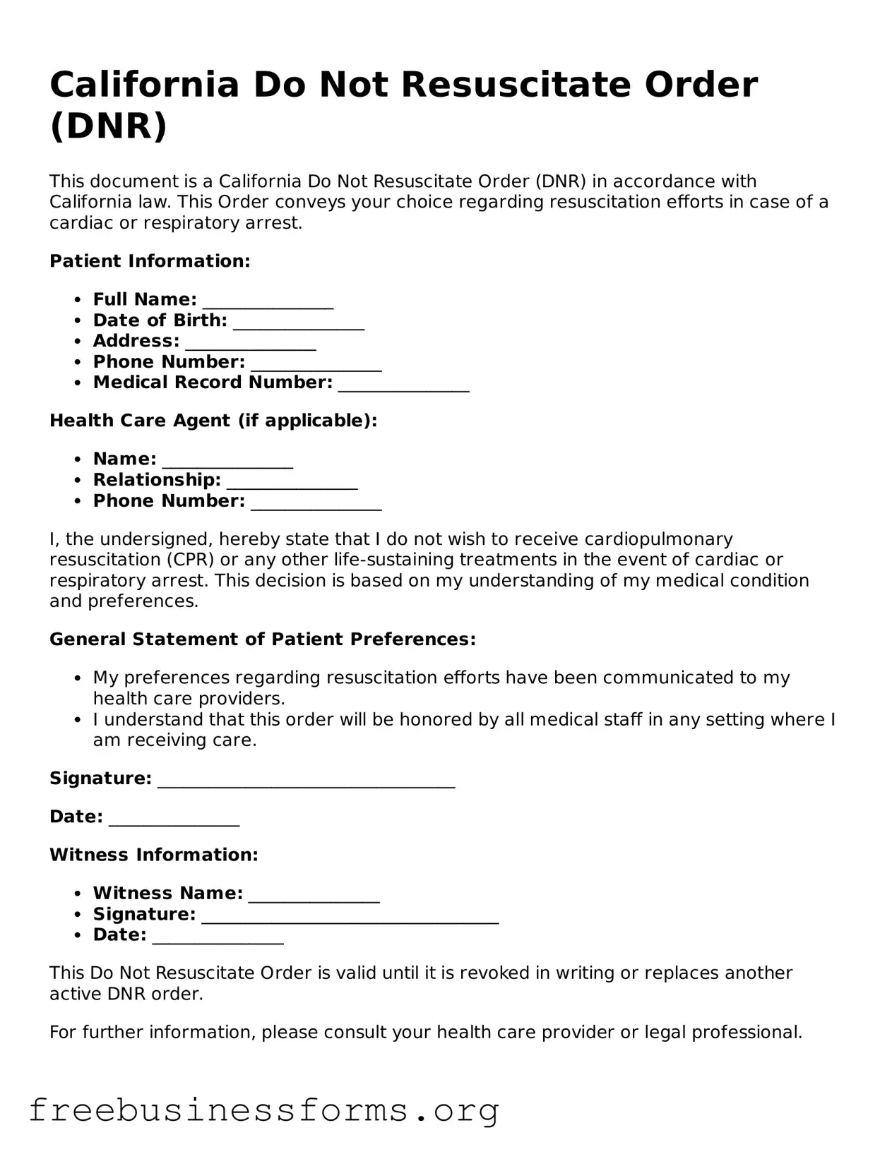 Blank  Do Not Resuscitate Order Template for California