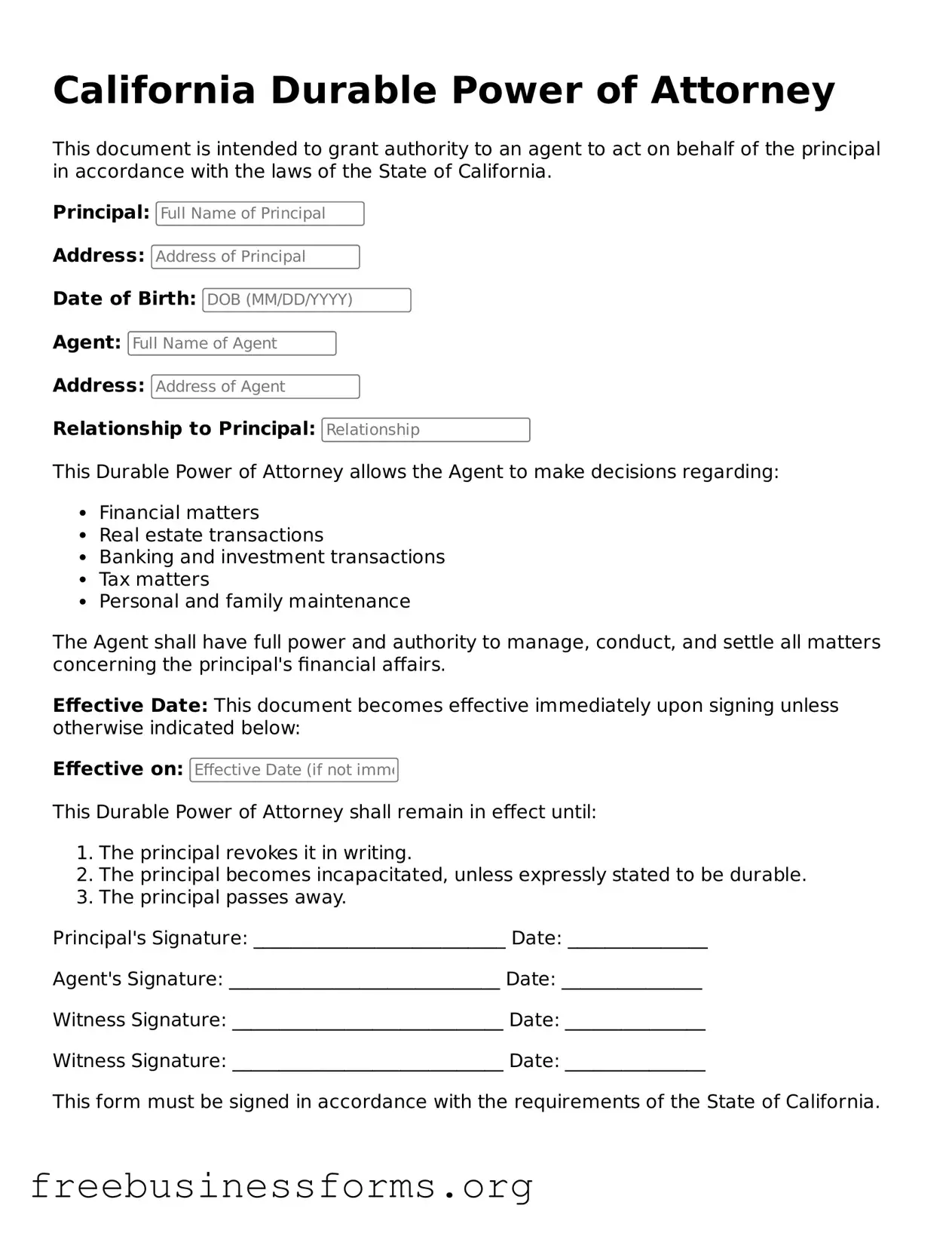 Blank Durable Power of Attorney Template for California