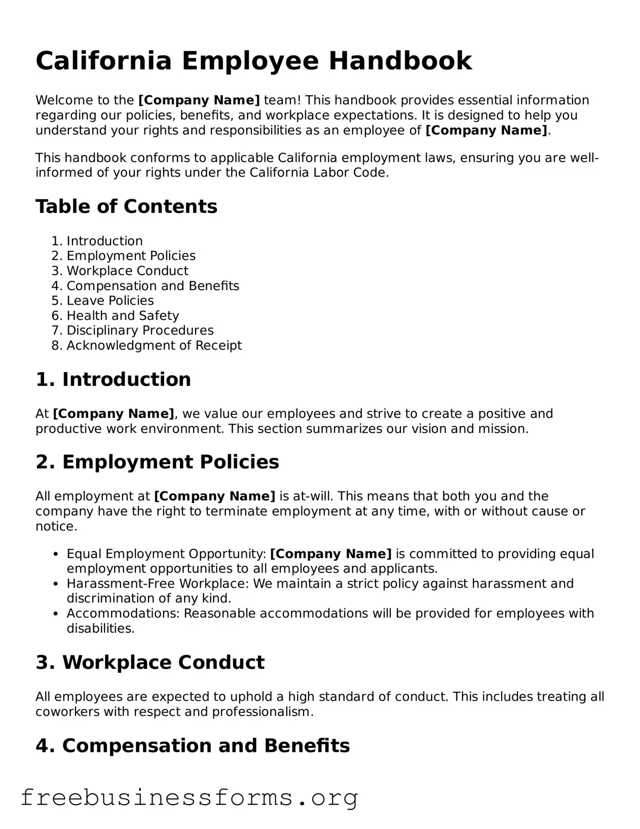 Blank  Employee Handbook Template for California