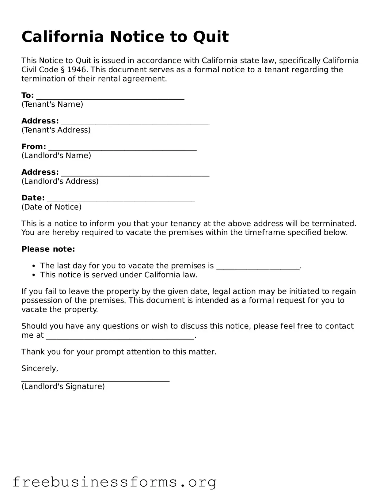 Blank  Notice to Quit Template for California