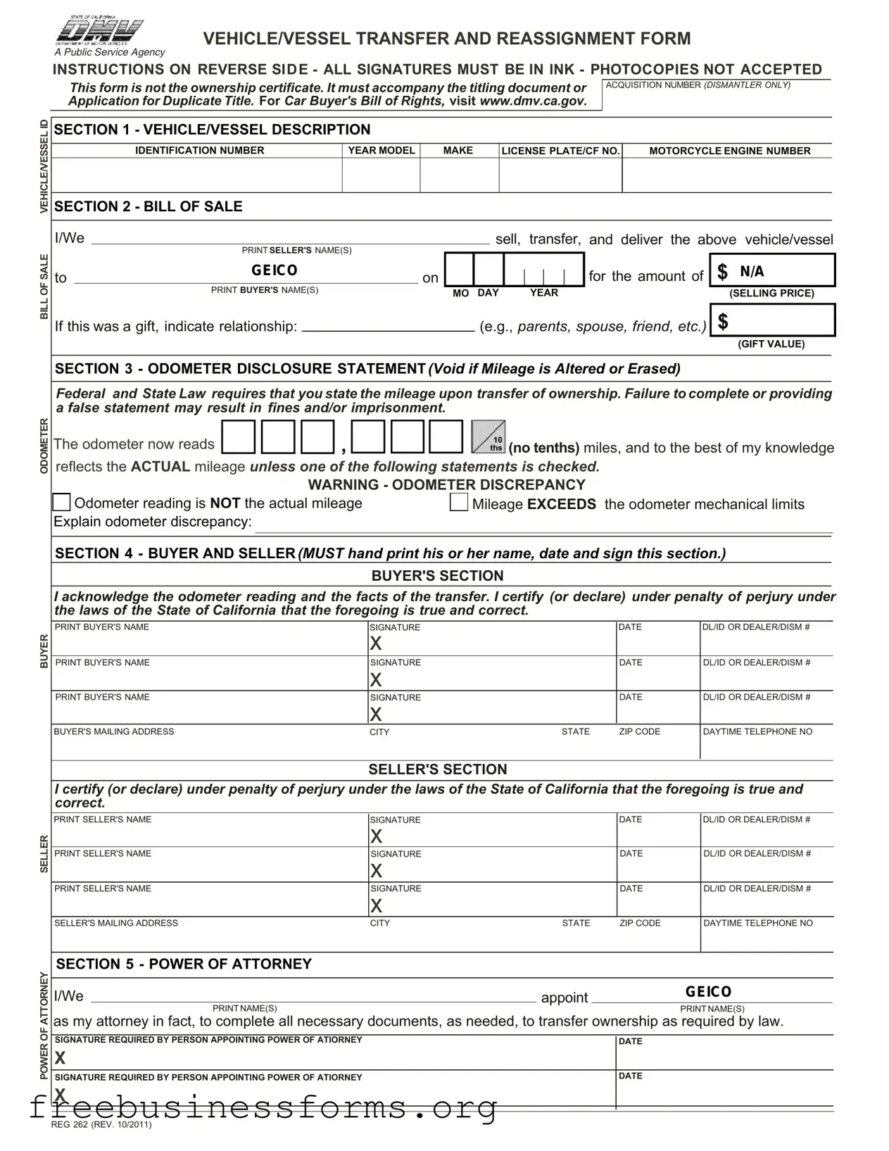 Official California Fotm Reg 262 Form in PDF