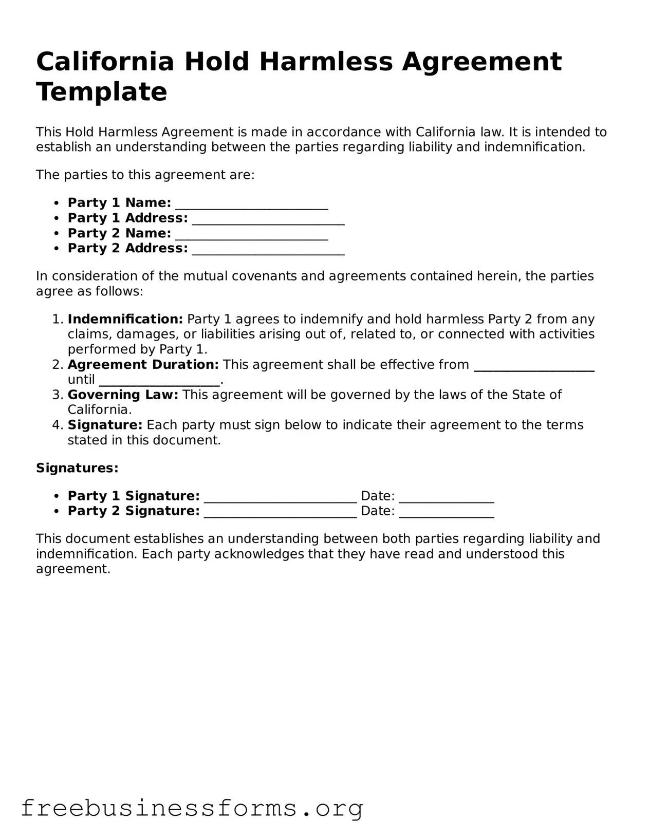 Blank  Hold Harmless Agreement Template for California