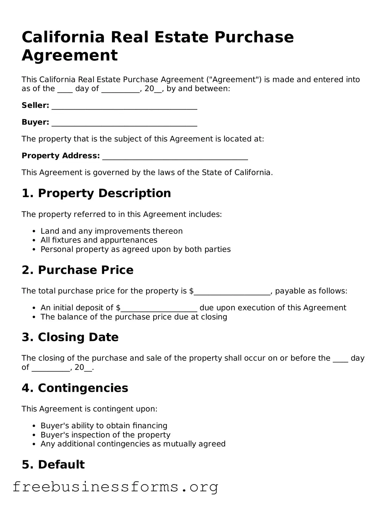 Blank  Real Estate Purchase Agreement Template for California