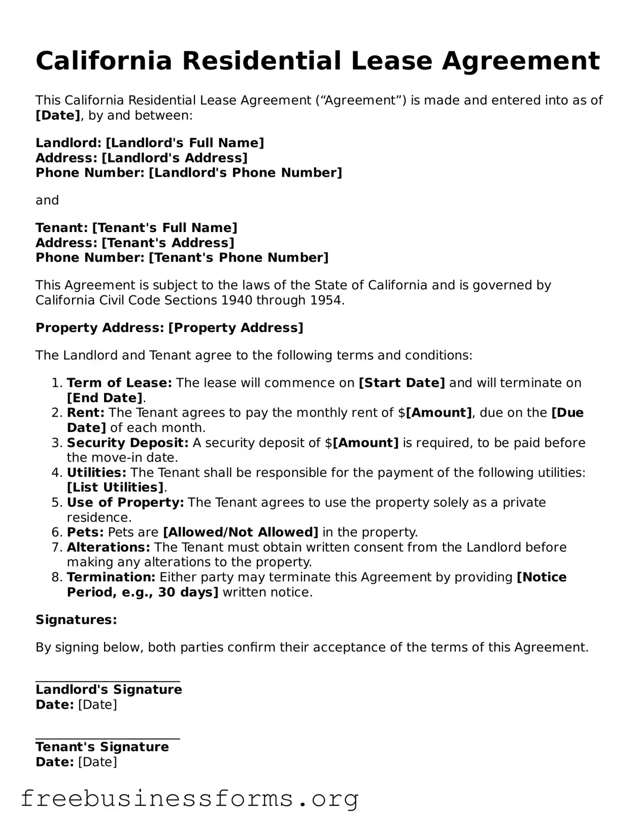 Blank  Residential Lease Agreement Template for California