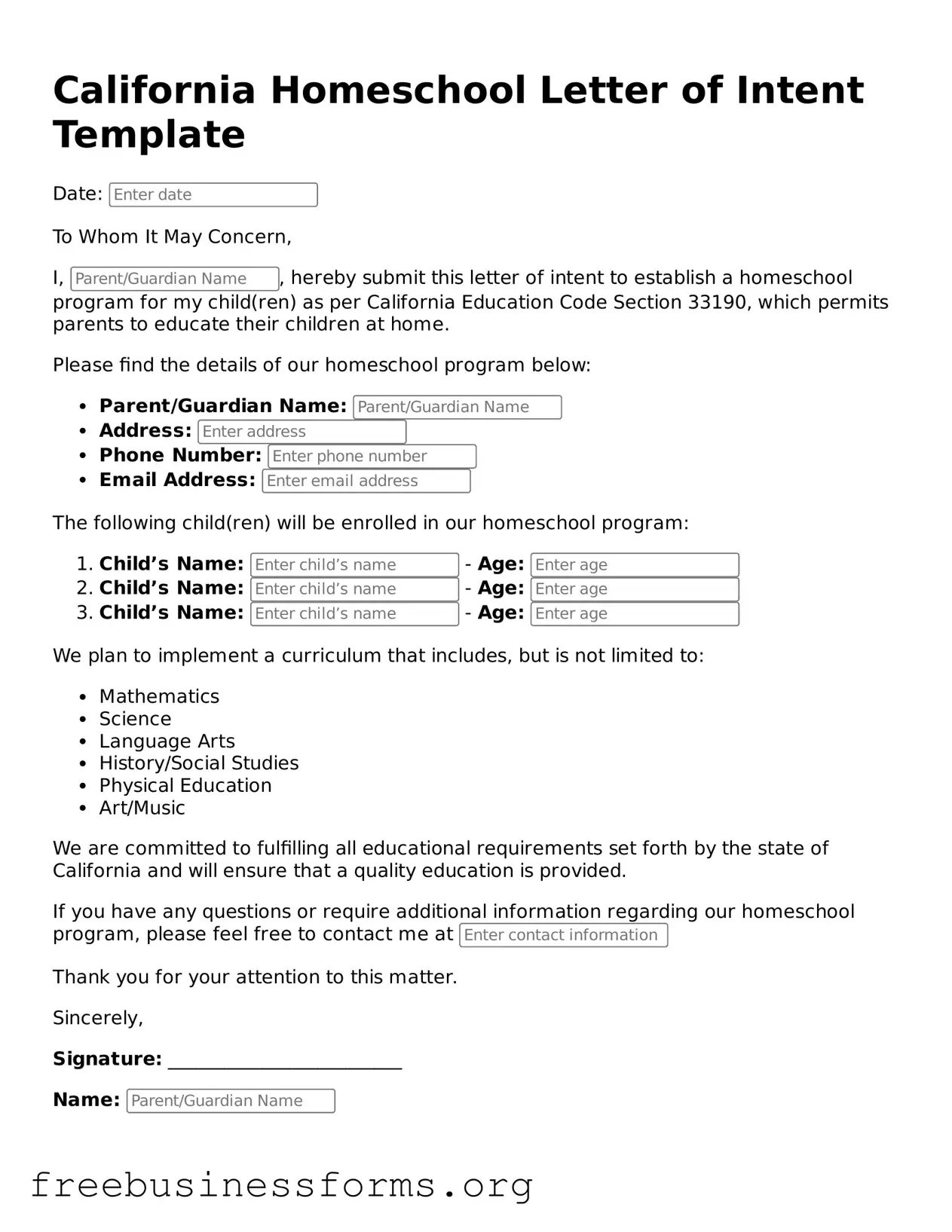Blank Homeschool Letter of Intent Template for California