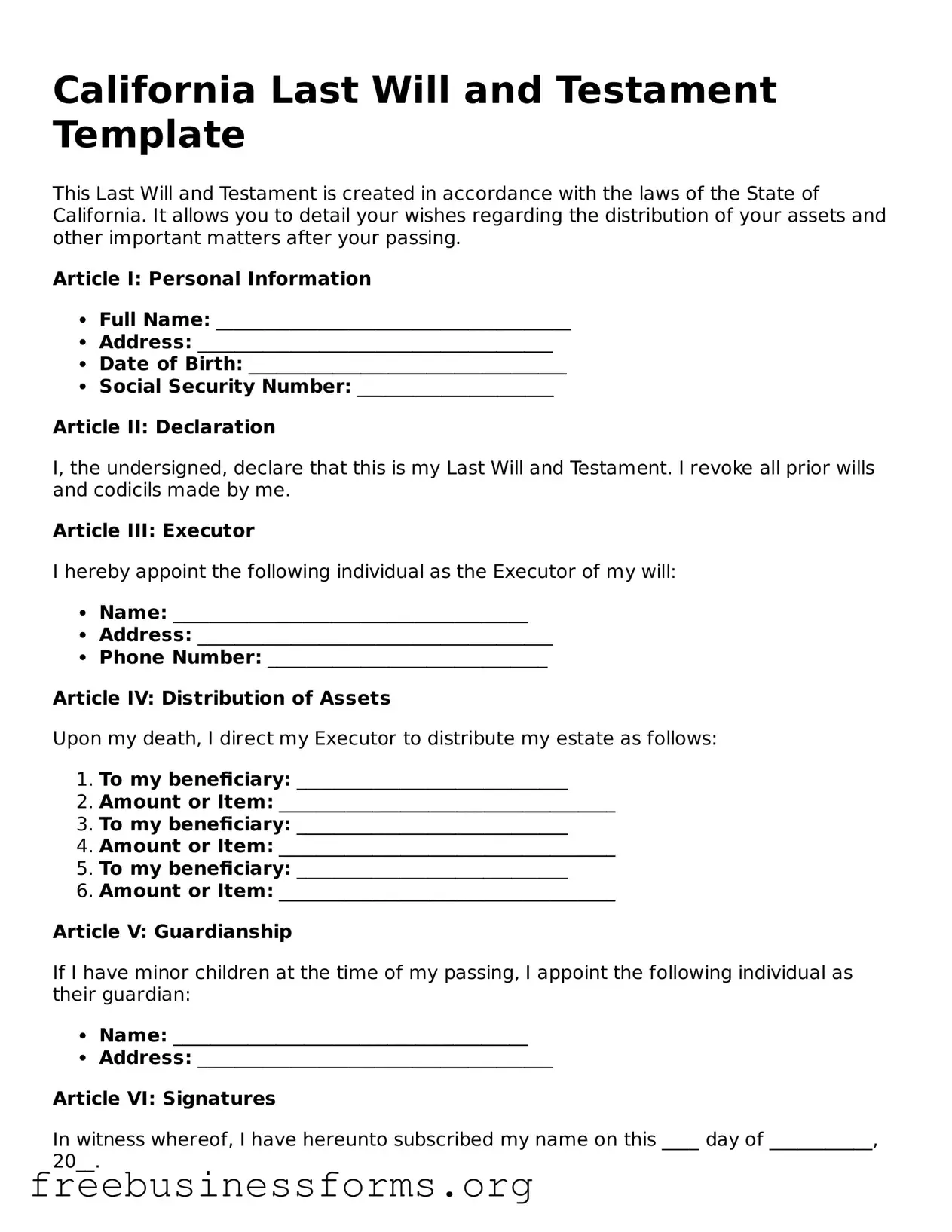 Blank  Last Will and Testament Template for California