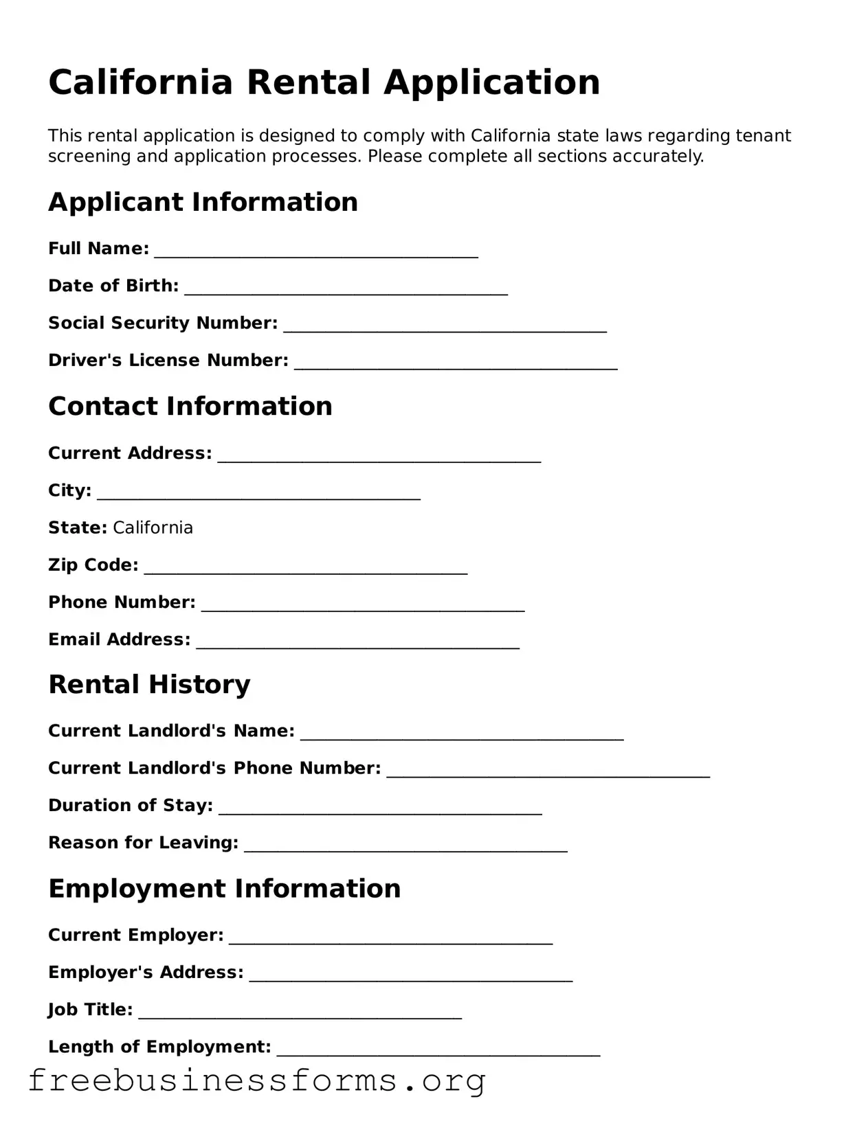 Blank  Rental Application Template for California