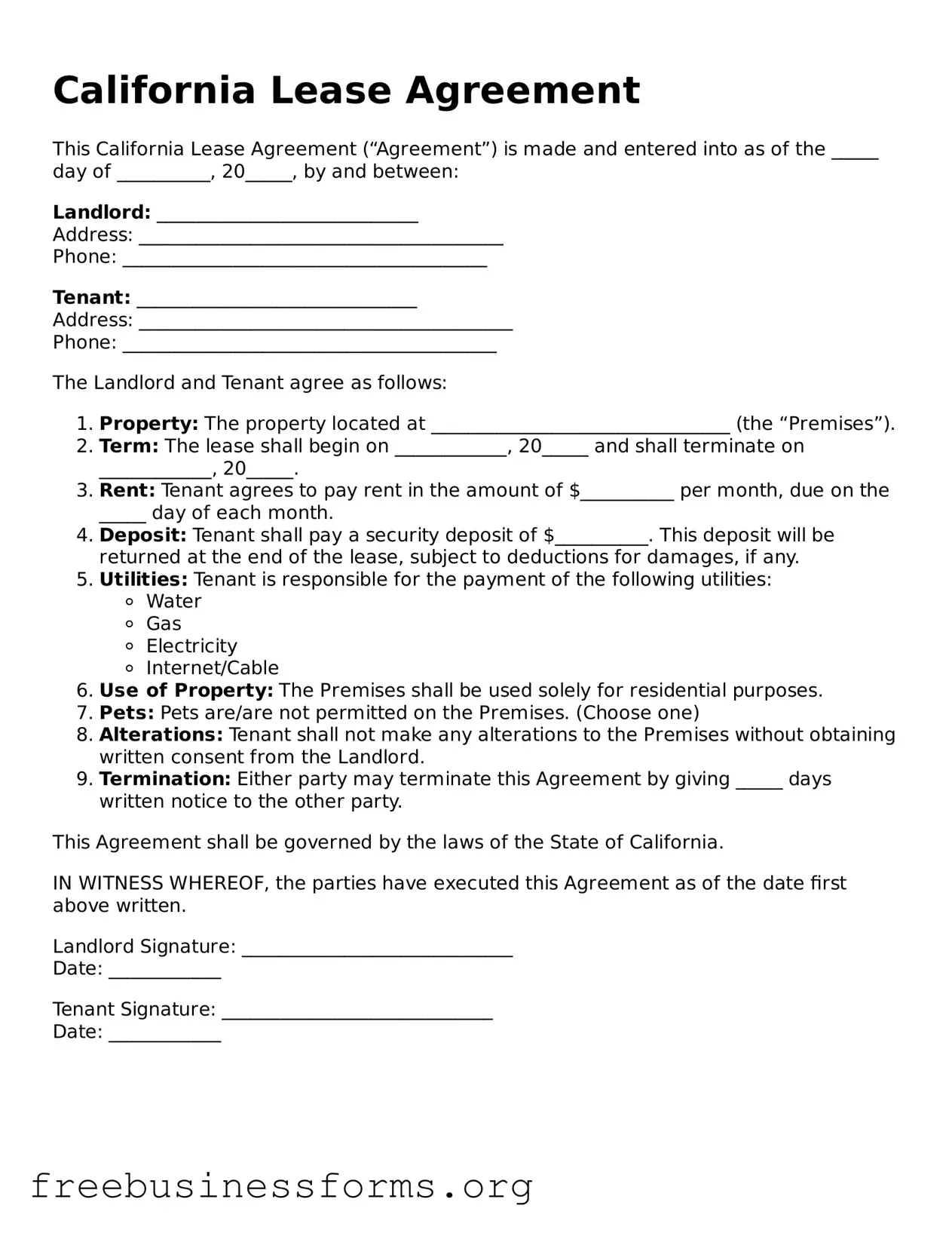 Blank  Lease Agreement Template for California