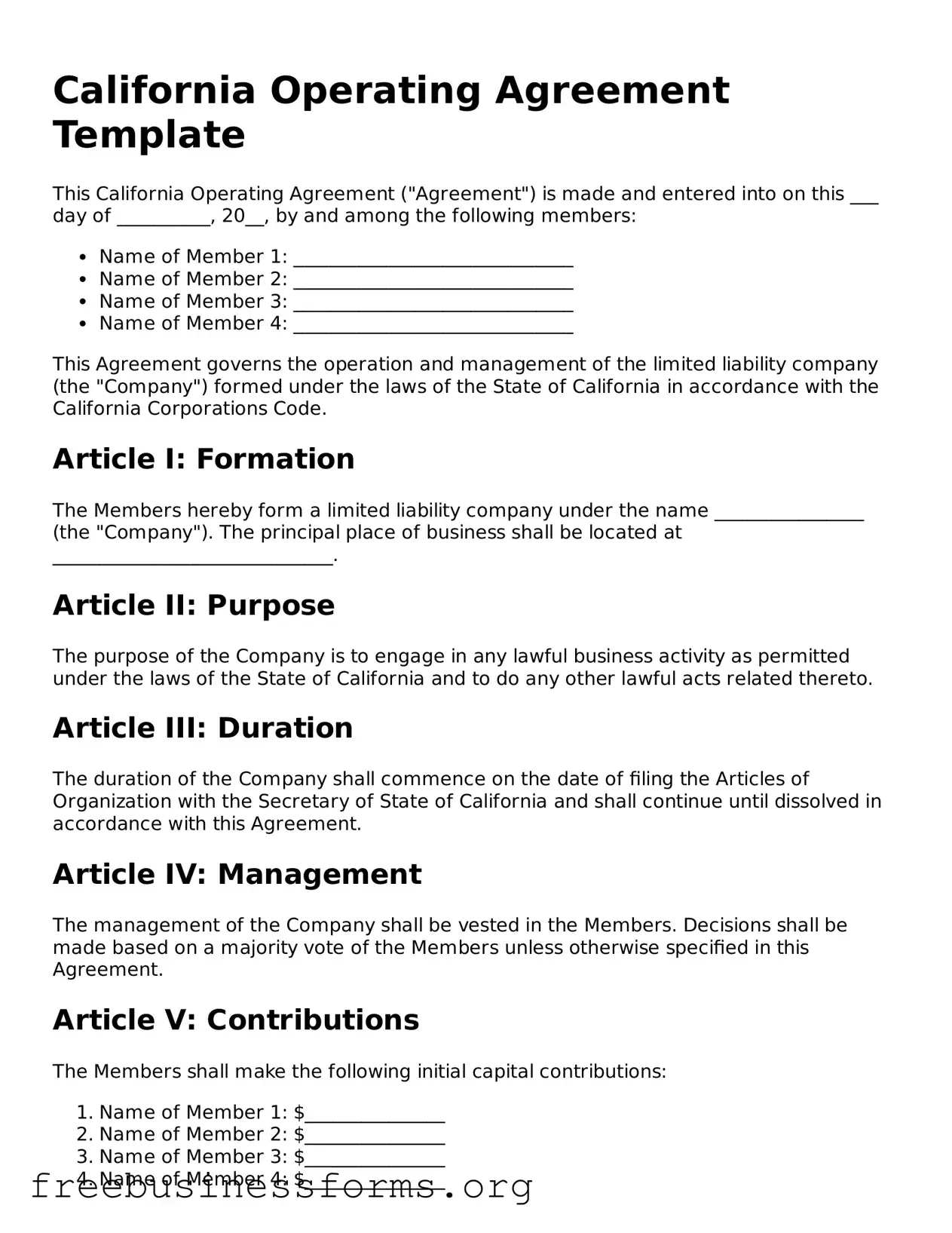 Blank  Operating Agreement Template for California