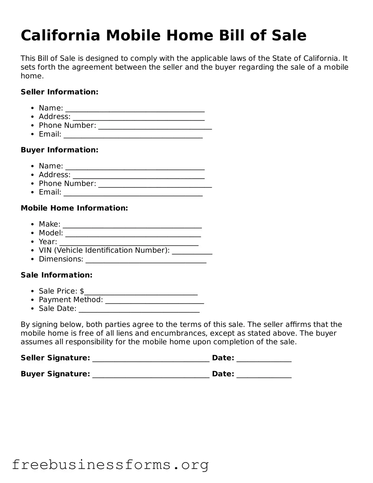 Blank  Mobile Home Bill of Sale Template for California