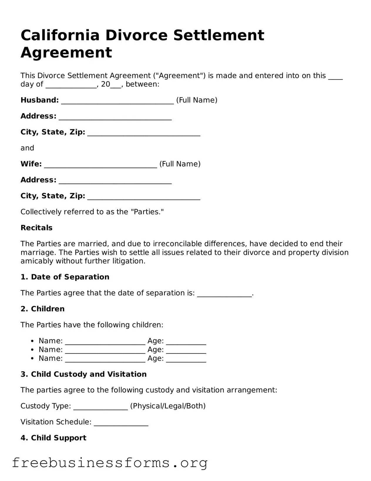 Blank  Divorce Settlement Agreement Template for California